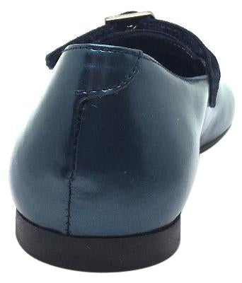 Luccini Girls Metallic Blue Smooth Leather Mary Jane Flats with Navy Suede Buckle Hook and Loop Strap - Comfortable School Shoes for Toddlers & Kids