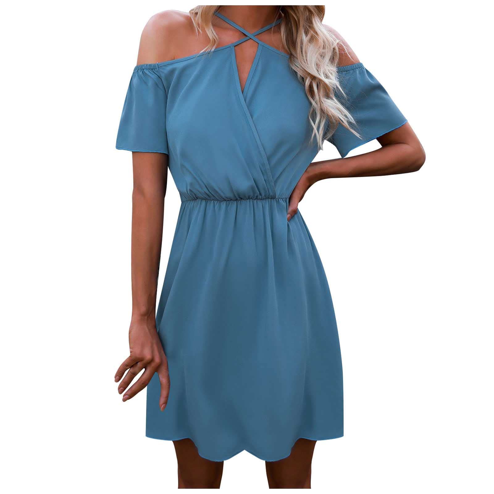 Women's Casual Off Shoulder Cross Mini Dress - Hollow Out Front Short Sleeve Comfortable Tunic Dress for Summer Beach, Party & Date Night