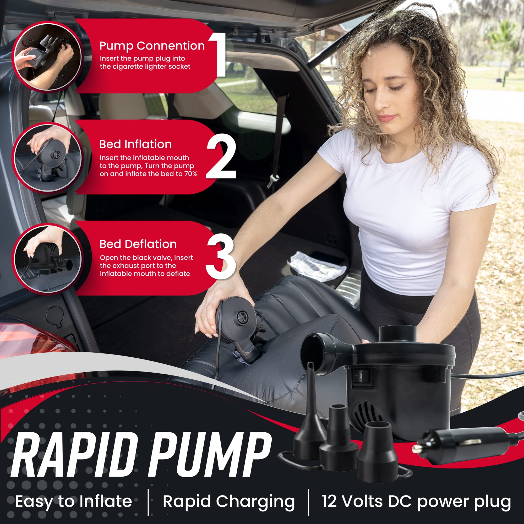 VaygWay Inflatable Car Air Mattress with Pump - Portable Back Seat Air Bed for Camping, Travel & Road Trips - Includes 2 Pillows, Neck Support & Ear Plugs - Perfect for SUV, Van & Car Sleeping Comfort