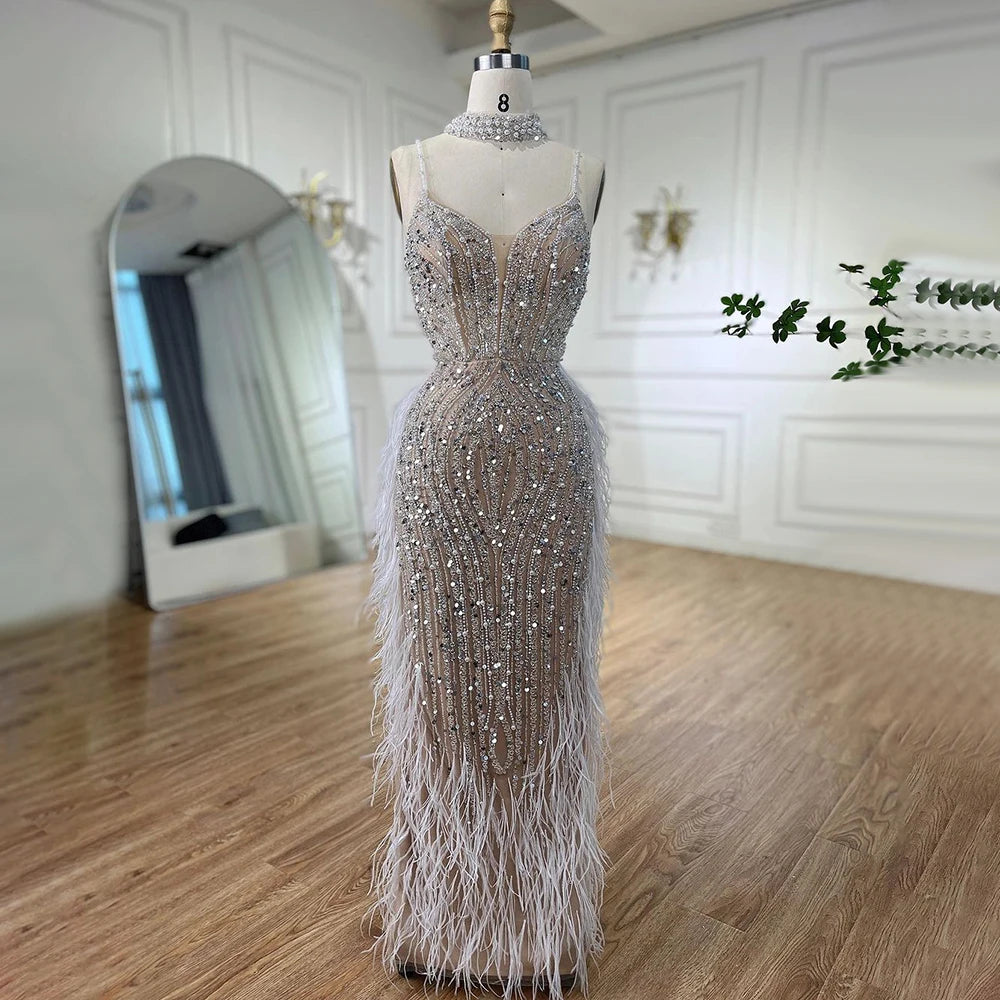 Elegant White Beaded Feather Mermaid Evening Gown with Spaghetti Straps - LA72047 for Prom, Wedding, and Formal Events