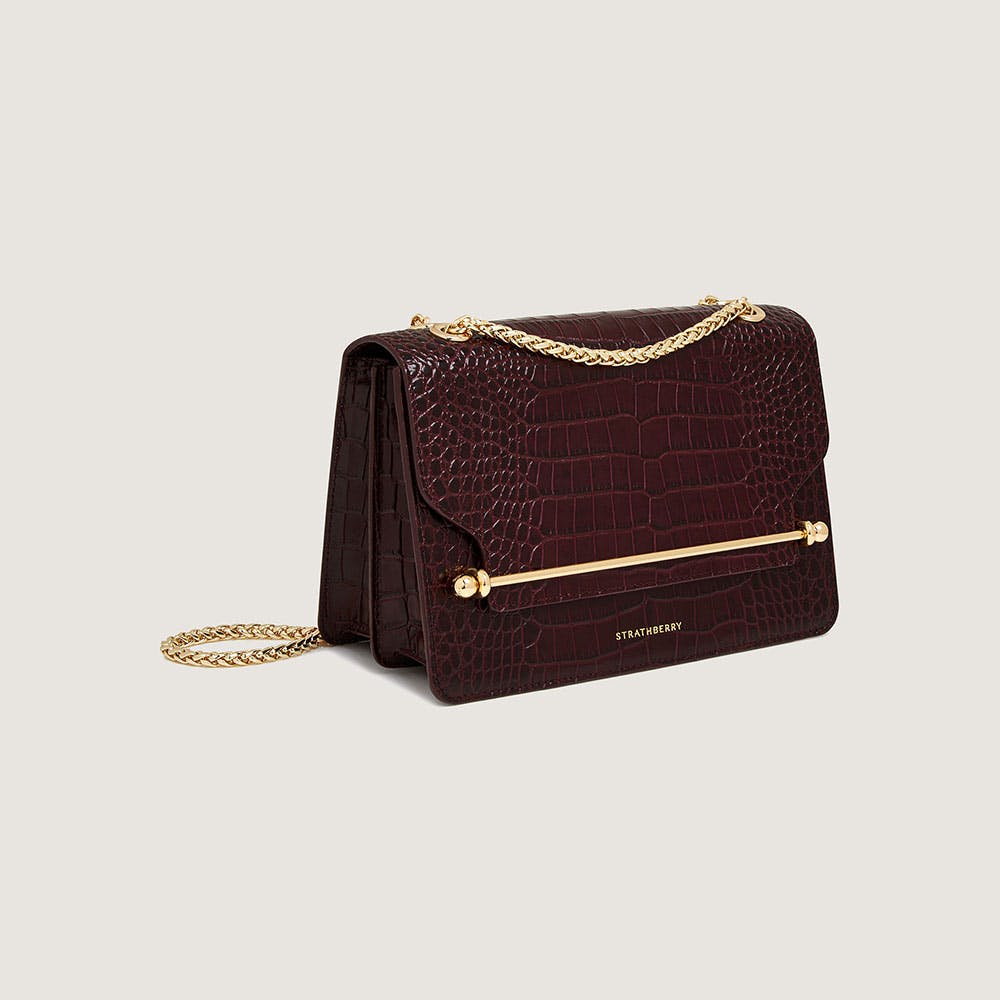 East West Croc Embossed Leather Handbag in Burgundy - Stylish Women's Crossbody Purse for Work, Travel & Evening Out