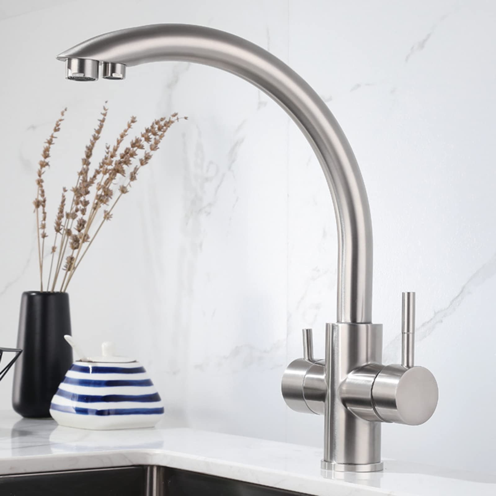 3-Way Stainless Steel Brushed Kitchen Faucet with Water Filter - Perfect for Modern Kitchens, Bar Sinks & RV Use