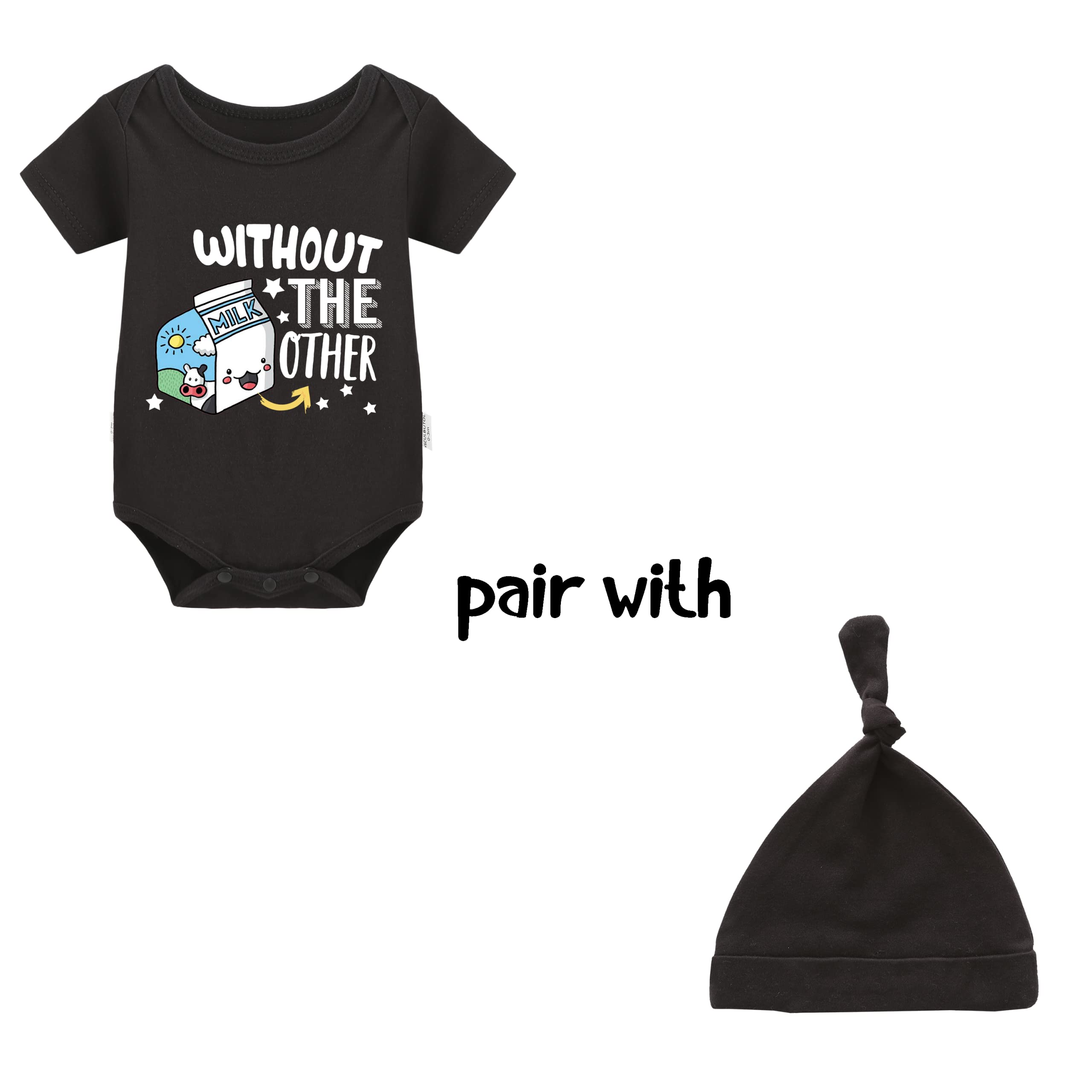 YSCULBUTOL Baby Twins Bodysuits - Soft Cotton Unisex Infant Romper Outfits with Matching Hat | Cute Cookie & Milk Print Twin Baby Clothes for Newborns, Photo Shoots & Everyday Wear