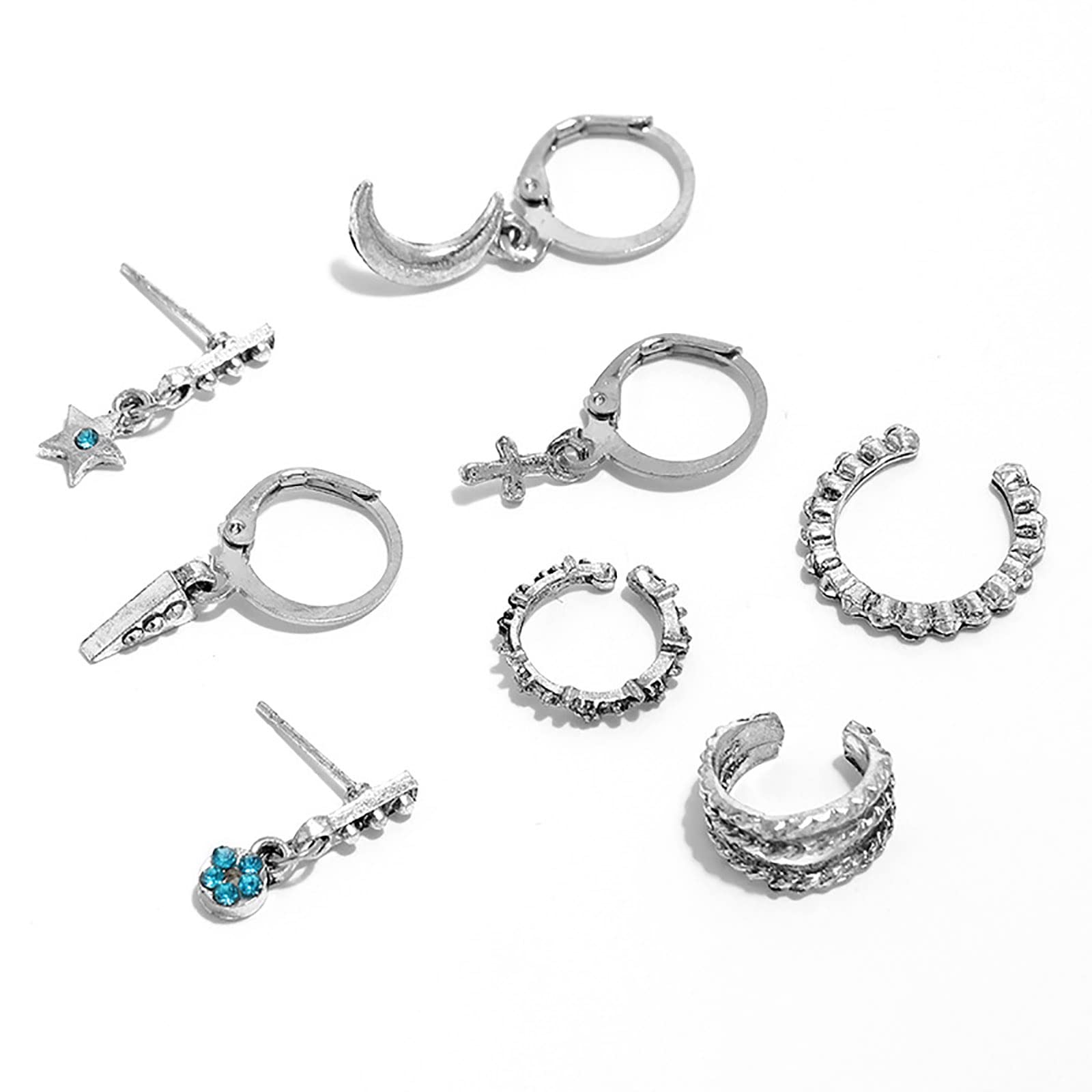 Boho Rhinestone Circle Huggie Hoop Earrings for Women - Silver Multiple Piercing Earrings Set with Flower, Cross & Star Dangle - Vintage CZ Band Cuff Jewelry for Everyday Wear & Special Occasions