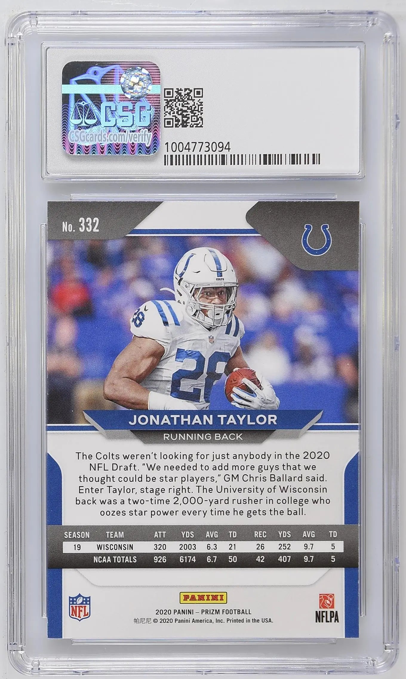 2020 Panini Prizm Football Jonathan Taylor Rookie Card #332 - CSG 9.5 Gem Mint - Collectible Sports Trading Card for NFL Fans & Memorabilia Enthusiasts