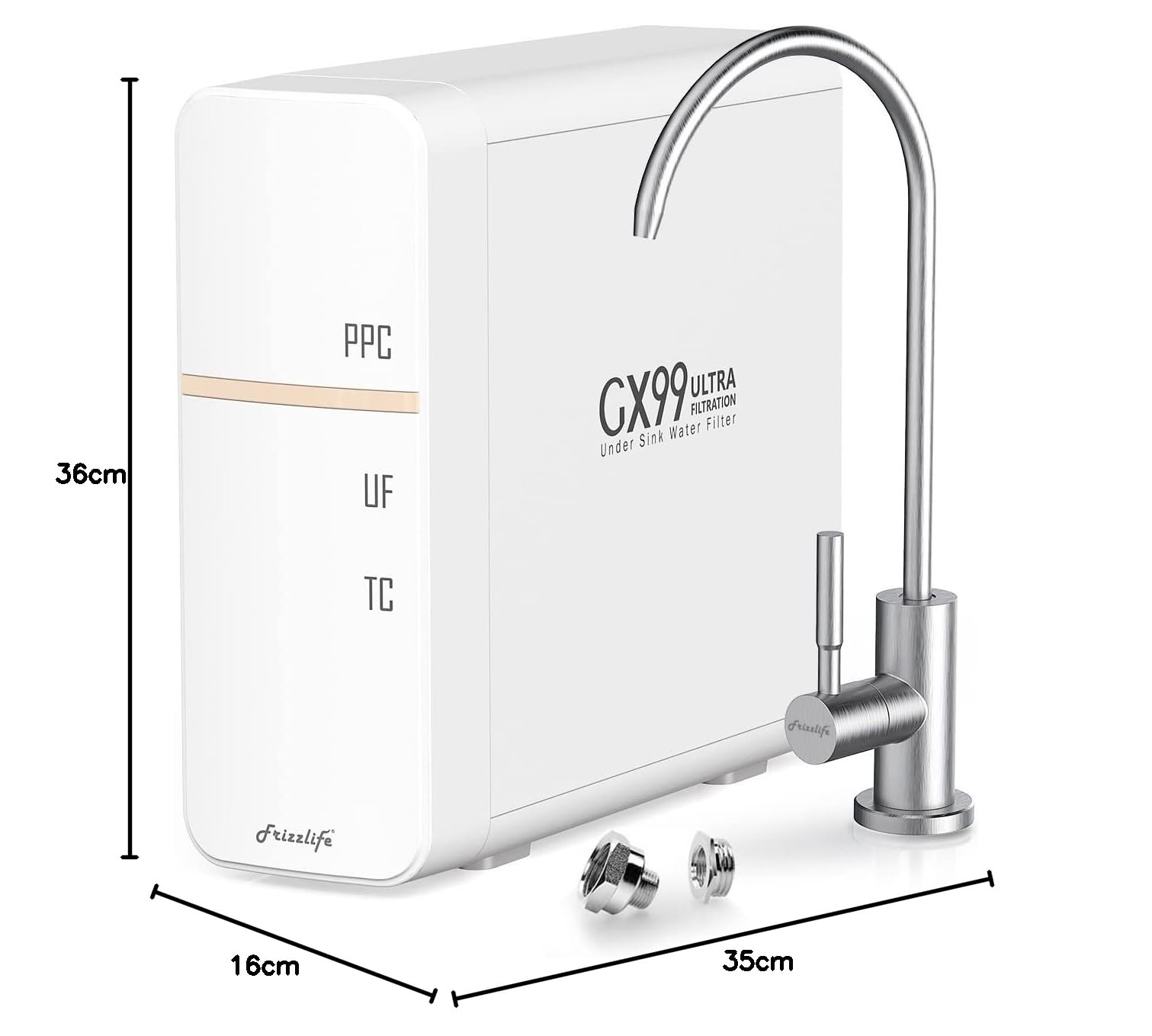 Frizzlife GX99 UF Under Sink Water Filter System - 0.01 Micron High Flow Filtration, Brushed Nickel Faucet, No Waste Water, No Power Needed | Perfect for Clean Drinking Water in Kitchens, Offices & RVs | USA Tech Support