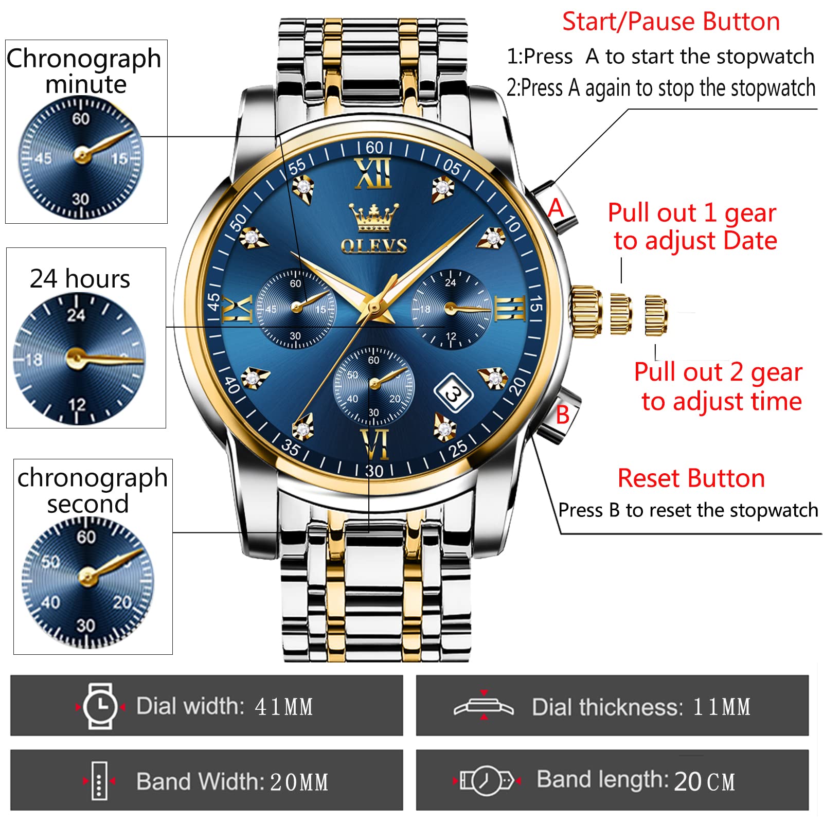 OLEVS Men's Multifunction Watch - Stainless Steel Chronograph with Date, Waterproof & Luminous Dial, Classic Wristwatch for Business, Casual & Outdoor Activities