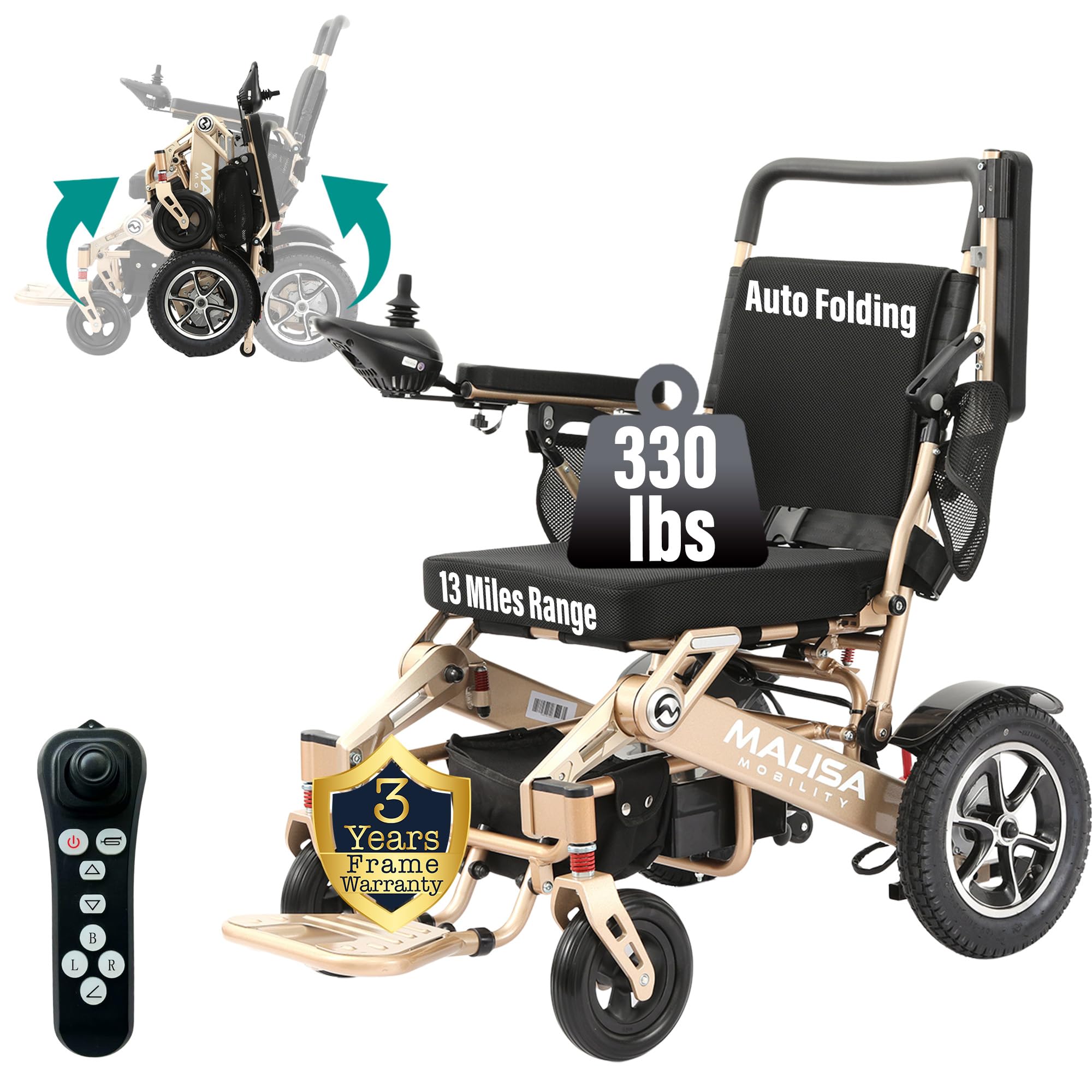 MALISA Electric Wheelchair for Adults - Automatic Folding Power Wheelchair, Lightweight Foldable Motorized Wheelchair with All-Terrain Capability (Bronze Frame) | Ideal for Indoor Use, Outdoor Travel & Mobility Assistance