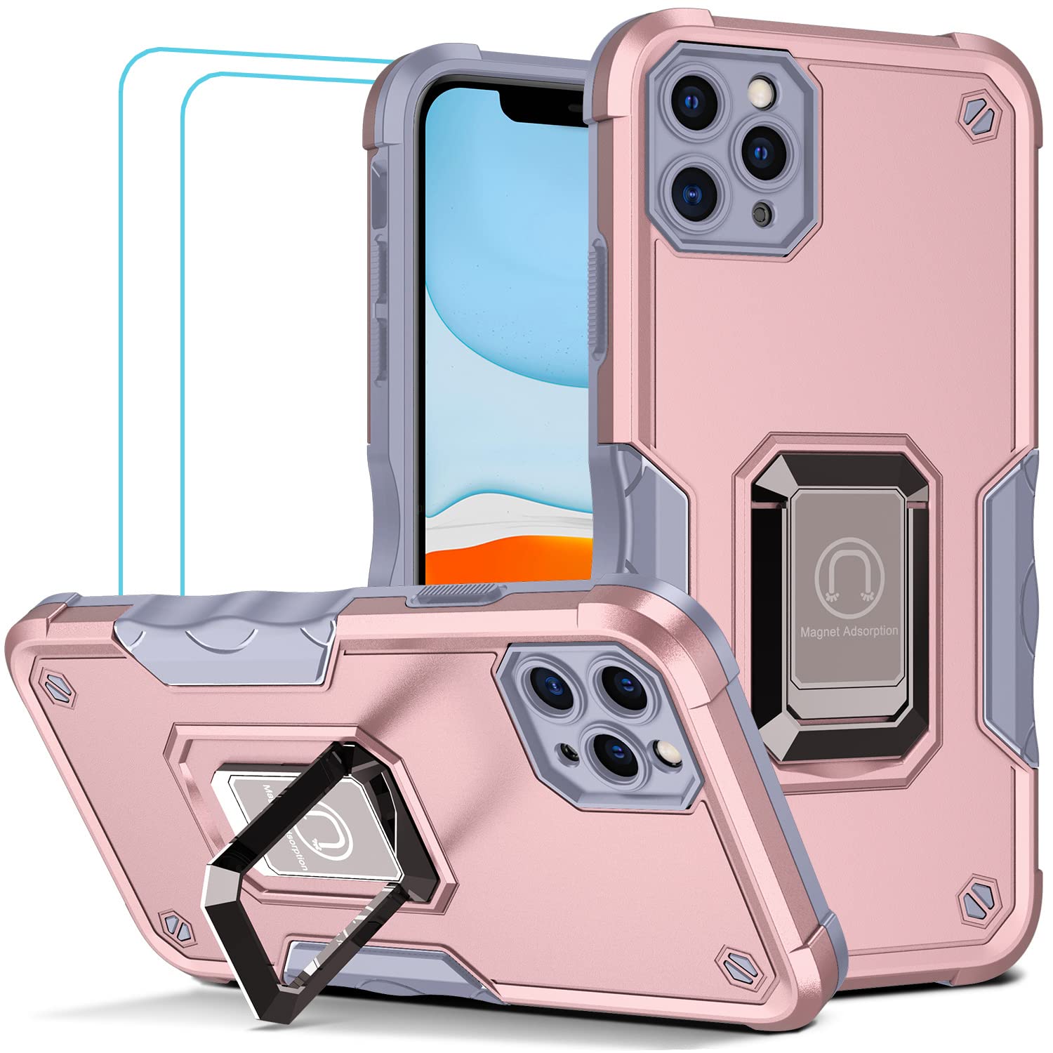 Shockproof iPhone 12 Pro Max Case with Built-in Magnetic Car Mount, Kickstand & Screen Protector - Rose Gold Protective Phone Cover for Work, Travel & Outdoor Activities