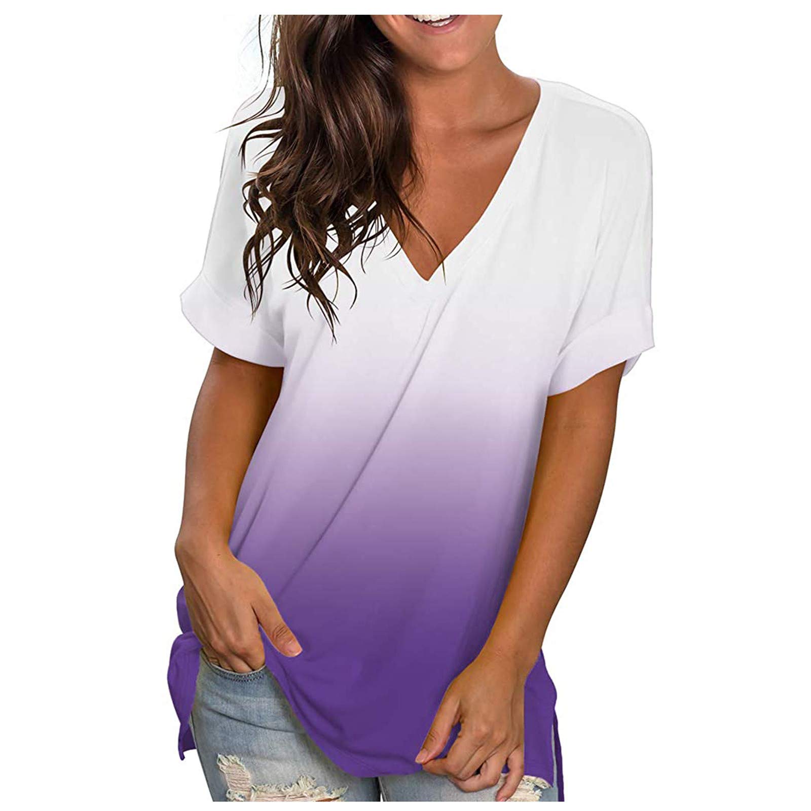 Women's Loose Fit V-Neck Gradient T-Shirt - Casual Short Sleeve Blouse in Purple | Perfect for Summer Outfits, Beach Wear & Everyday Fashion