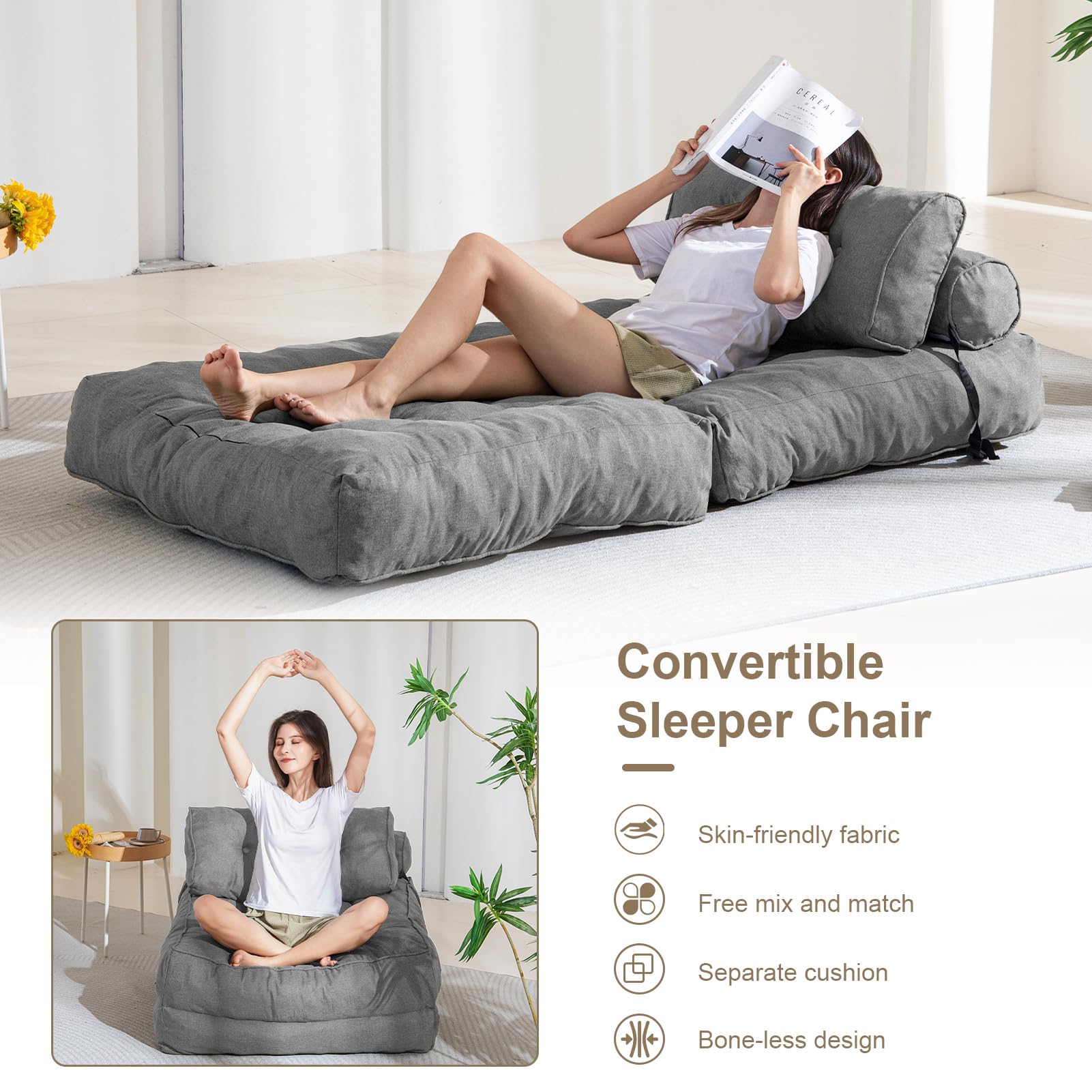 MAXYOYO Folding Couch Sofa Bed - Convertible Sleeper Chair with Back Support & Pillow, Space Saving Grey Futon for Small Apartments, Guest Rooms & Dorm Living