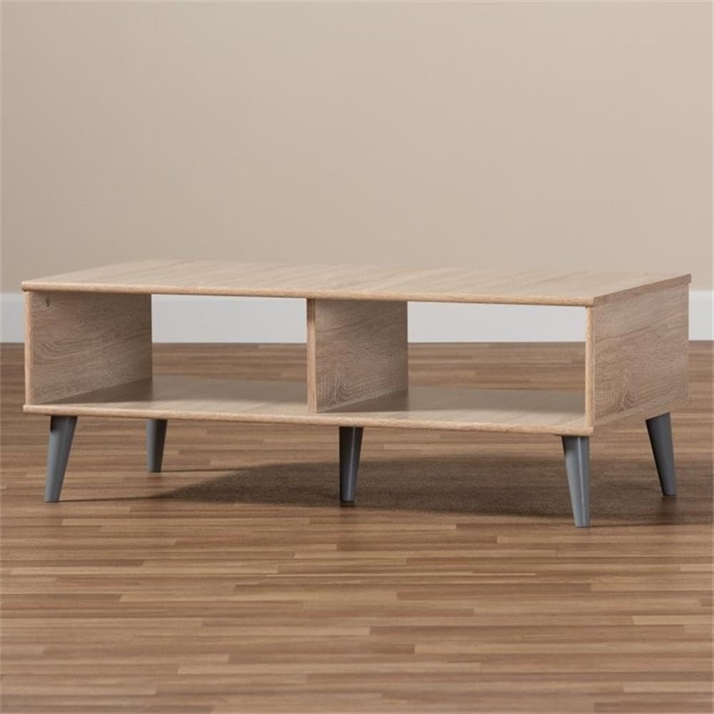 BOWERY HILL Solid Oak Wood Coffee Table with Light Grey Finish - Modern Living Room Center Table for Home Decor & Entertainment