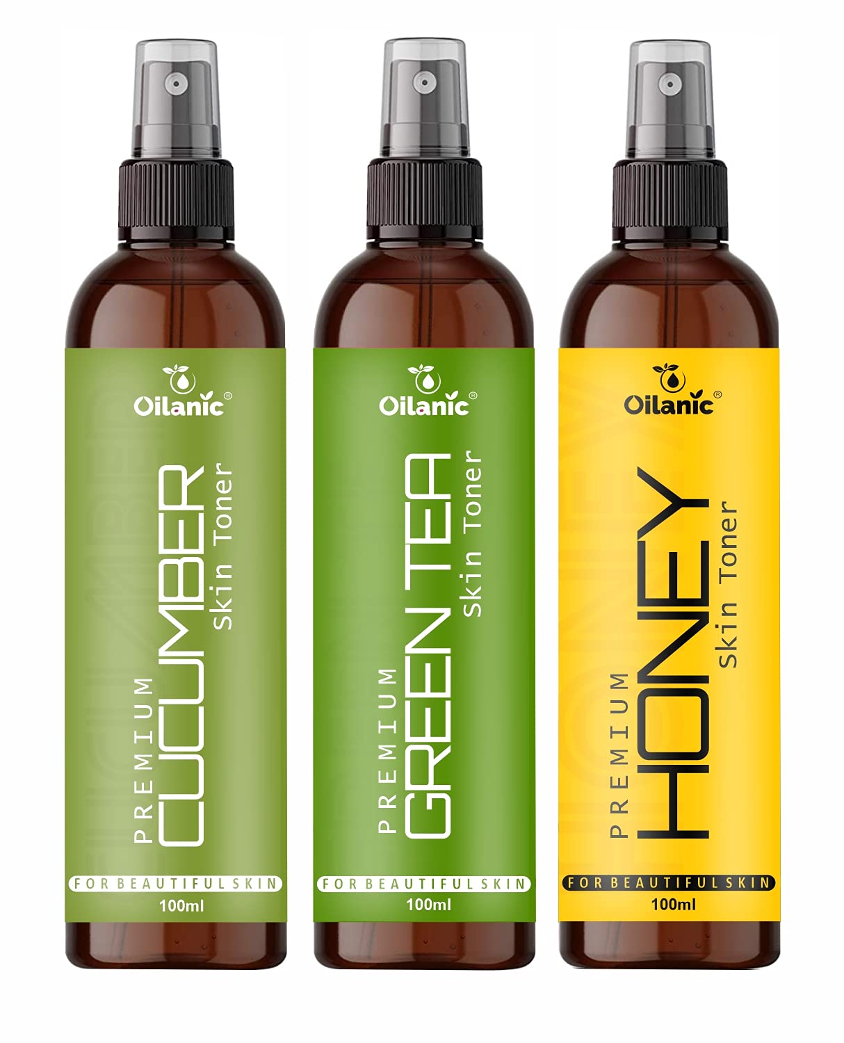Oilanic Premium Cucumber, Green Tea & Honey Facial Toner for Men & Women - Hydrating, Soothing & Refreshing Skin Care (3 x 100ml/300ml) - Perfect for Daily Skincare Routine & Post-Shave Care
