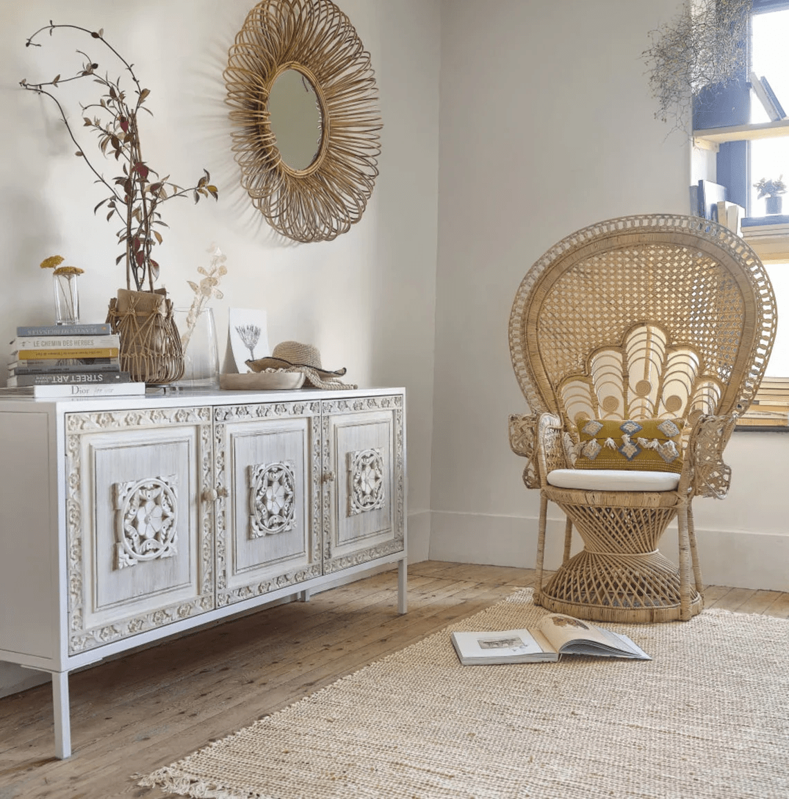Hand Carved White Three Door Sideboard Buffet Table - Traditional Indian Wooden Cabinet for Dining Room Storage & Display