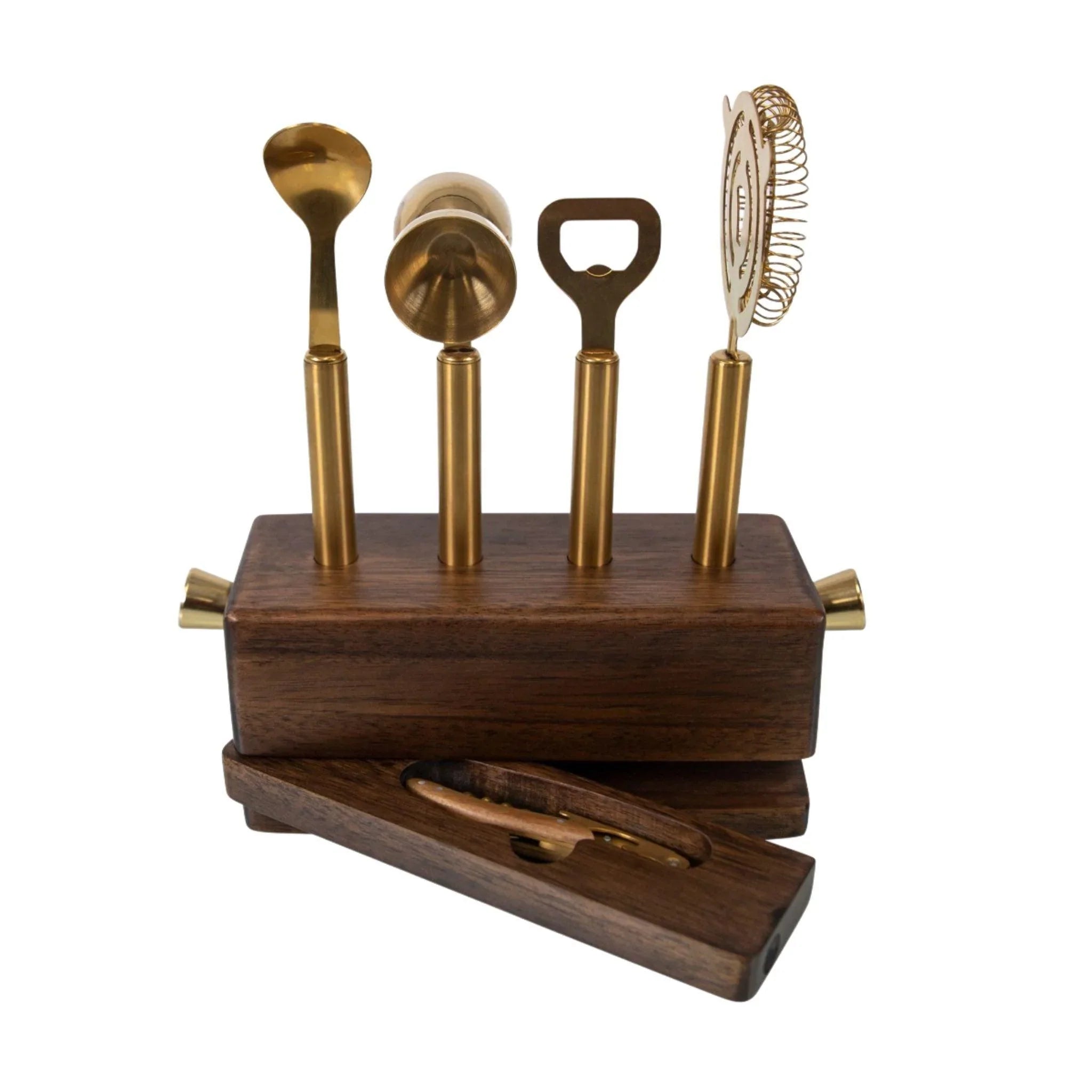 Premium Acacia Wood 5-Piece Bar Tool Set - Cocktail Shaker, Jigger, Muddler, Strainer & Spoon - Perfect for Home Bars, Cocktail Parties & Professional Bartenders