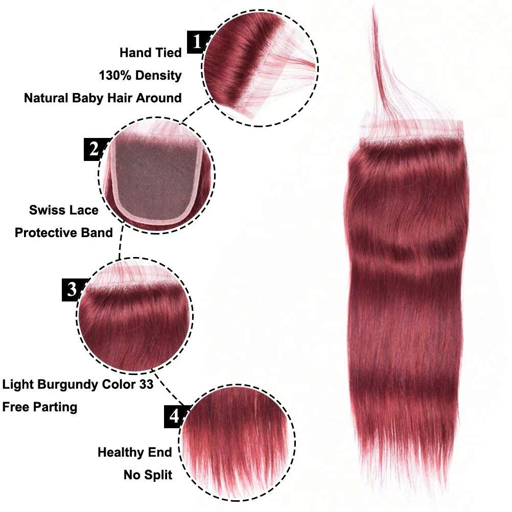 FEEL ME Straight Peruvian Human Hair 3 Bundles with Closure - Color 33 Virgin Peruvian Silky Straight Hair Extensions (18 20 22+18) - Light Auburn Red Remy Hair Weave for Daily Styling & Special Occasions
