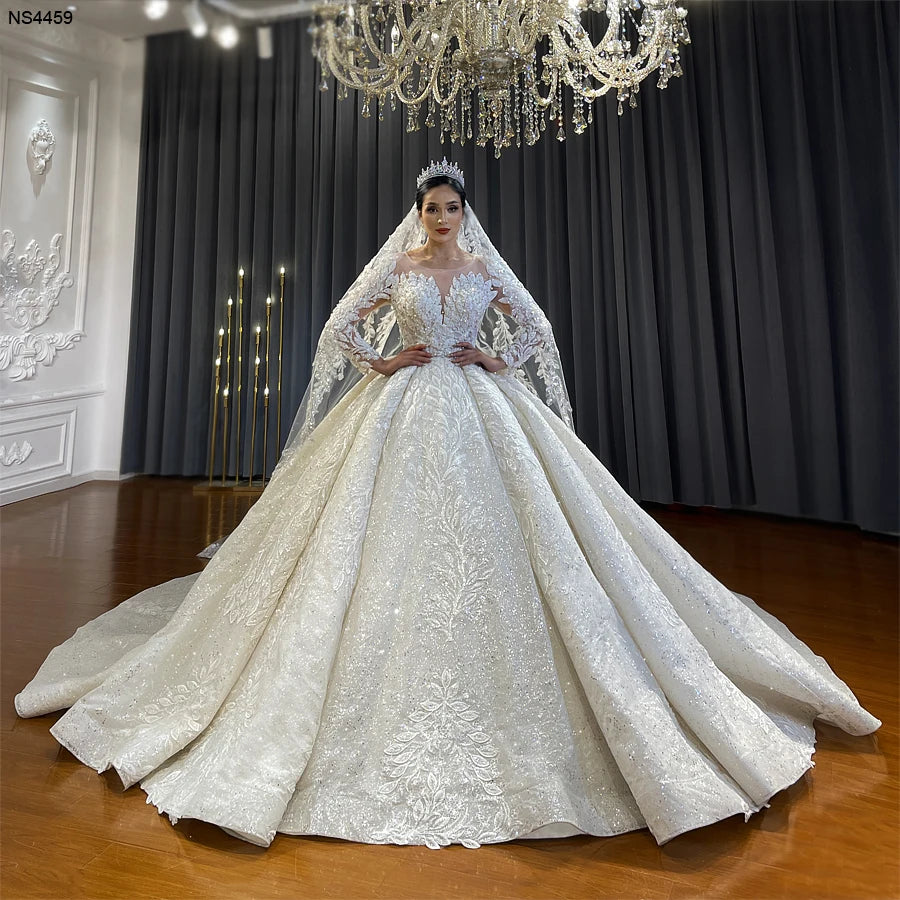 Elegant Long Sleeve Ball Gown Wedding Dress with Lace Appliques - Romantic Special Design for Brides, Bridesmaids & Formal Events | Perfect for Church Weddings, Evening Galas & Winter Ceremonies