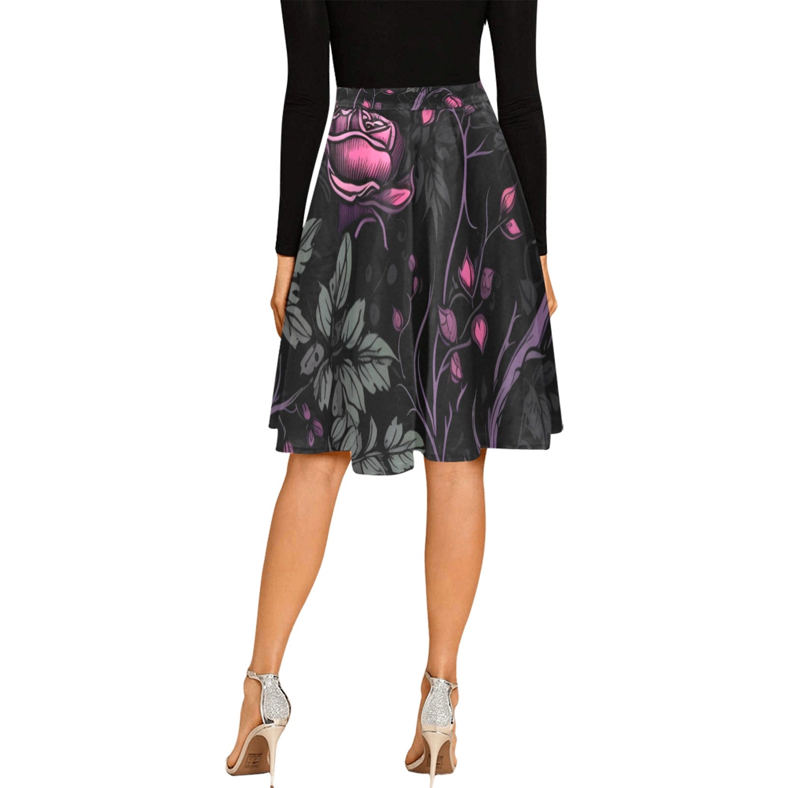 Elegant Pink Roses and Vines Pleated Midi Skirt for Women | Floral Print A-Line Skirt | Perfect for Spring, Summer, Garden Parties & Date Nights