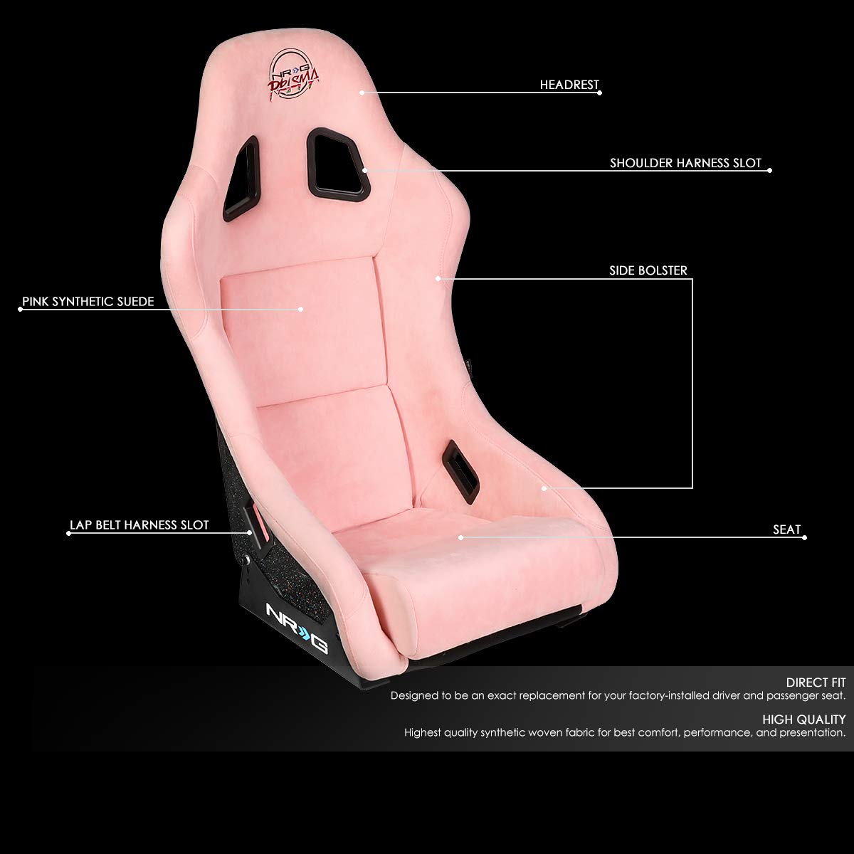 NRG Innovations NRG-FRP-303PK-PRISMA Pink Fiberglass Racing Bucket Seat with Alcantara Cover - 4-Point Harness Compatible for Sports Cars, Drifting & Track Racing - Lightweight & Durable Performance Seat for Enhanced Driving Experience