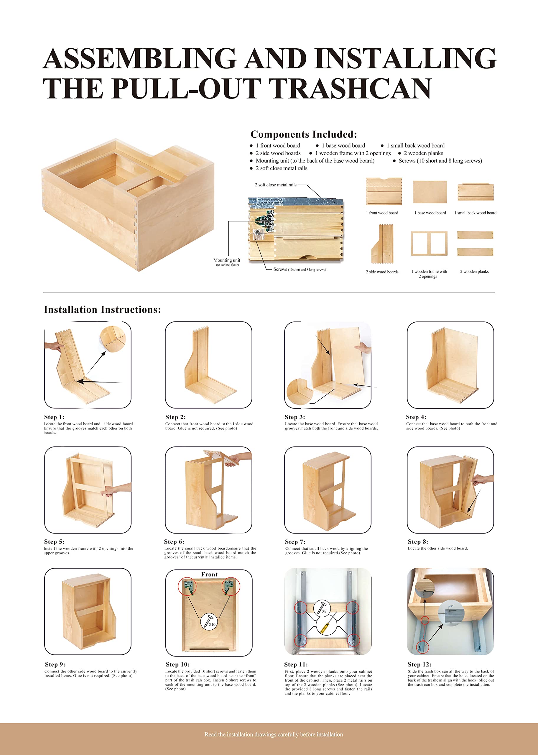 Soft Close Pull-Out Trash Can Drawer for Kitchen Cabinets - Wooden RTA Base Cabinet Organizer with Sliding Mechanism (Trash Bins Not Included) | Perfect Under Sink Storage & Kitchen Waste Management Solution