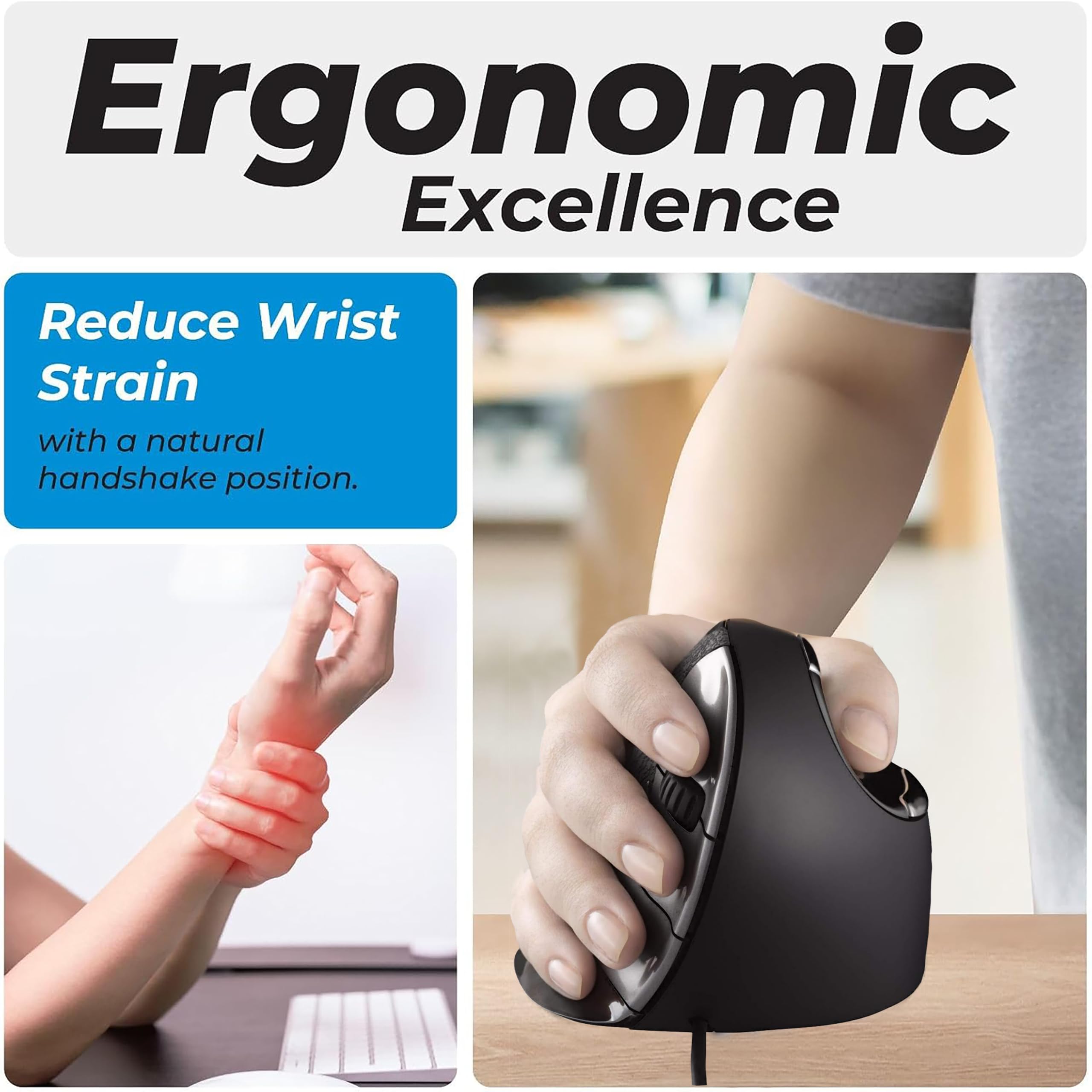 Evoluent VerticalMouse VMDM Right-Handed Ergonomic Wired Mouse - Original Brand Since 2002 - Perfect for Office Work, Computer Use & Reducing Wrist Pain