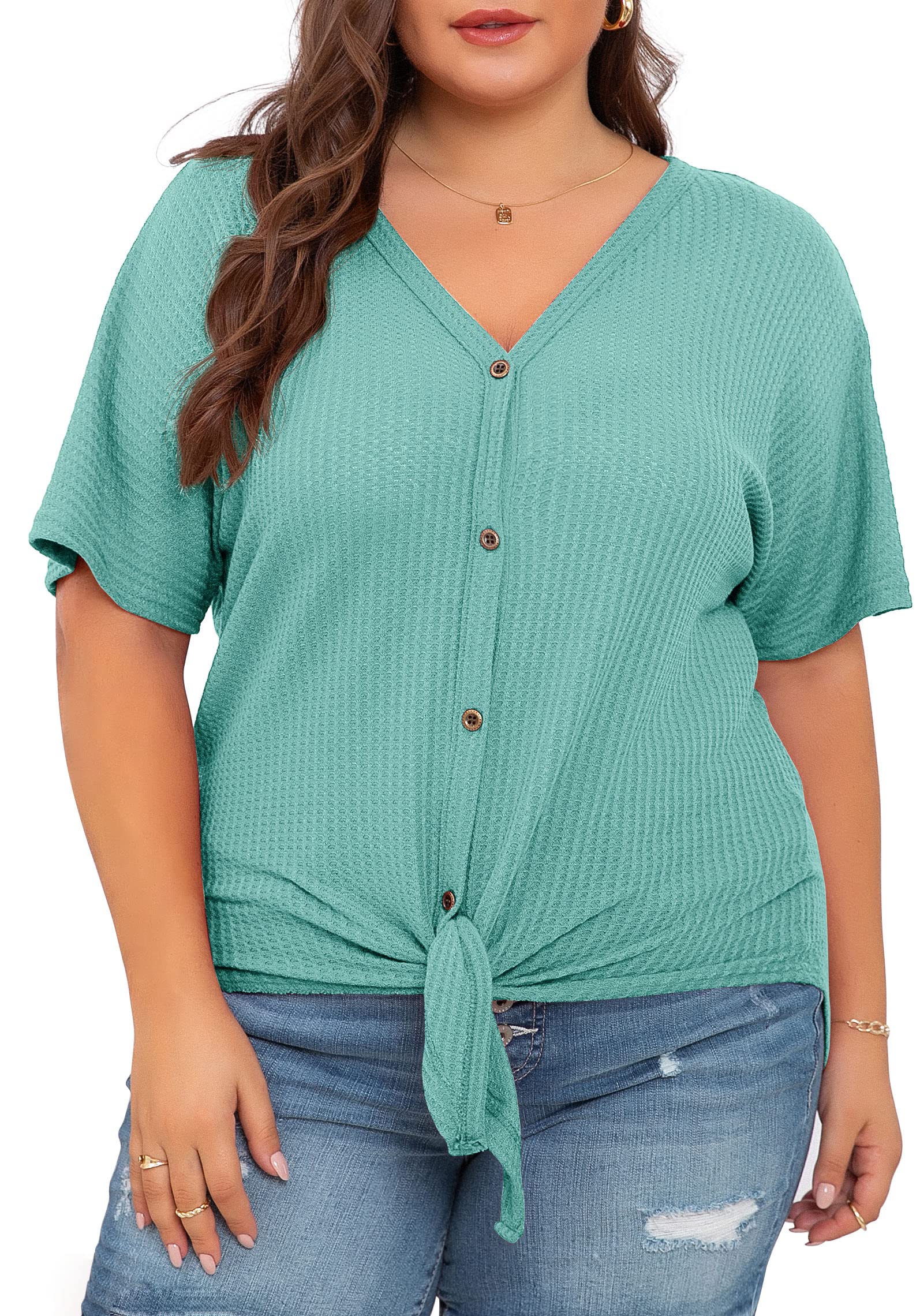 OLRIK Women's Plus Size Short Sleeve V-Neck Waffle Knit Tunic Blouse - Tie Front Button Up T-Shirt for Casual Wear, Office & Date Night