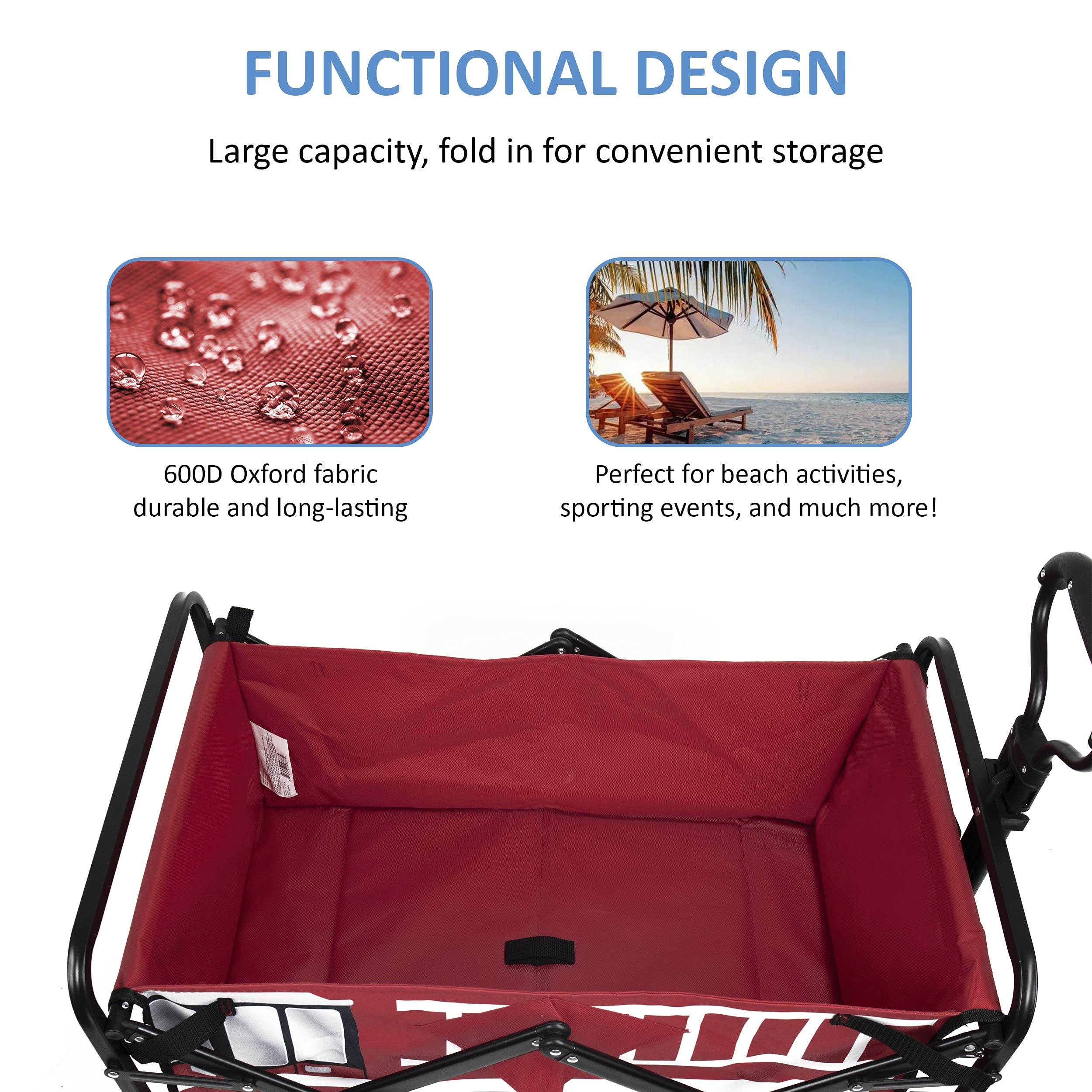 Heavy Duty Collapsible Beach Wagon Cart with Adjustable Handle - Large Capacity Portable Transport for Sand, Picnics & Camping - Perfect for Beach Outings, Grocery Shopping & Kids Fire Truck Play