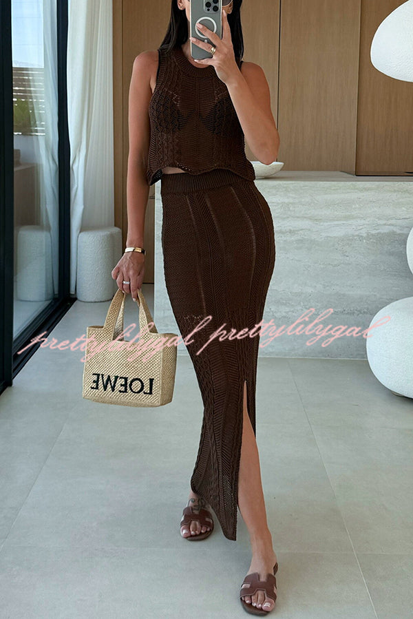 Stylish Solid Color Sleeveless Hollow Knit Crop Top & Elastic Slit Slim Midi Skirt Set - Summer Outfit for Women | Perfect for Beach, Party & Casual Wear