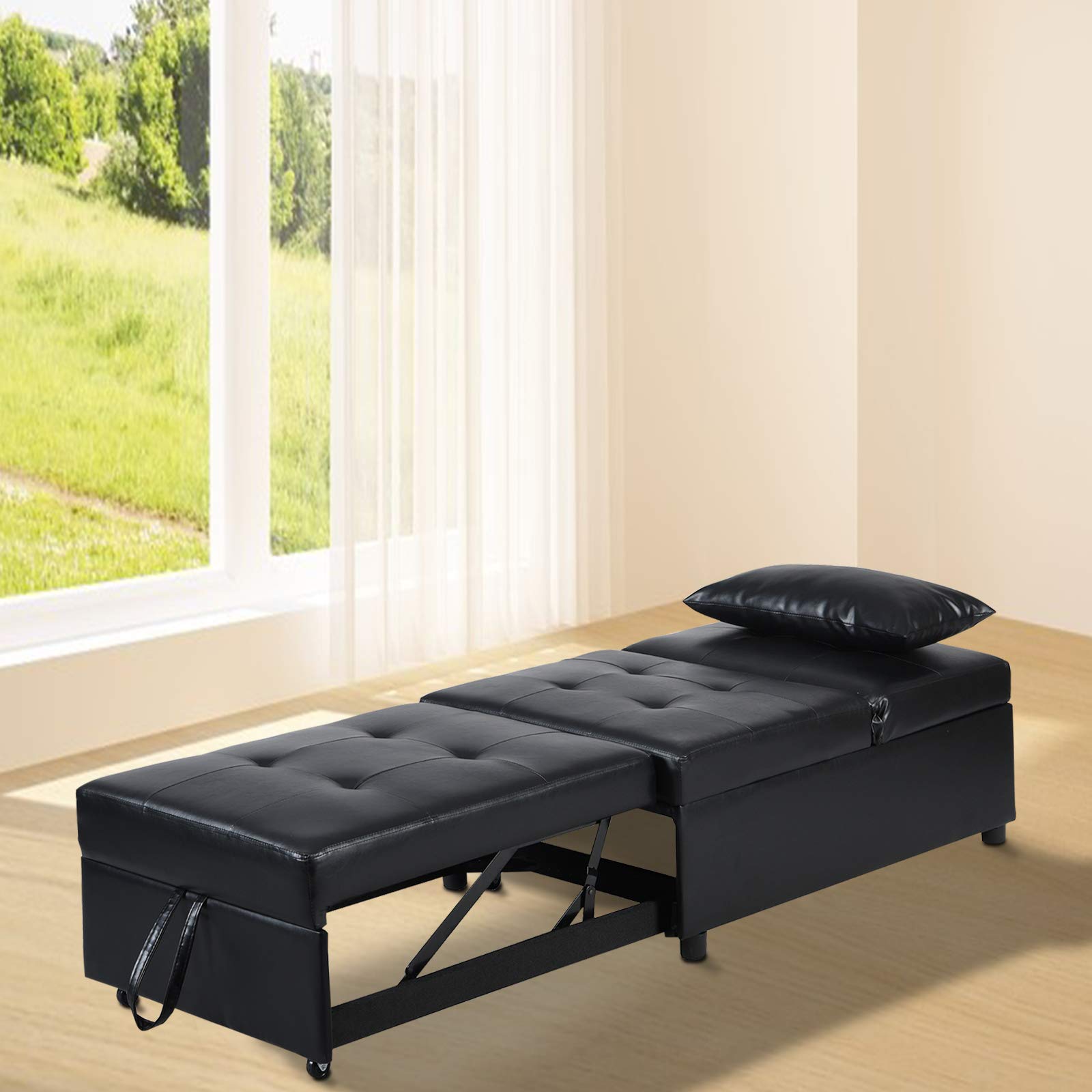 4-in-1 Convertible Faux Leather Sofa Bed - Foldable Ottoman Sleeper with Pillow for Small Spaces | Multi-Functional Recliner Chair for Living Room, Apartment & Guest Room (Space Saving Furniture Solution)