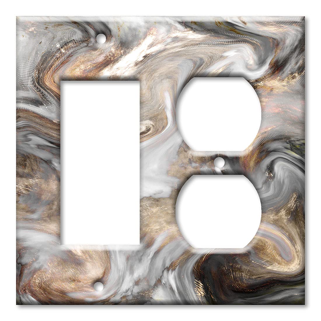 2-Gang Combination Switch Plate - Decora Outlet Cover - Grey and Brown Swirl Marble Granite Print - Made in USA - Elegant Wall Plate for Living Room, Bedroom & Office Decor