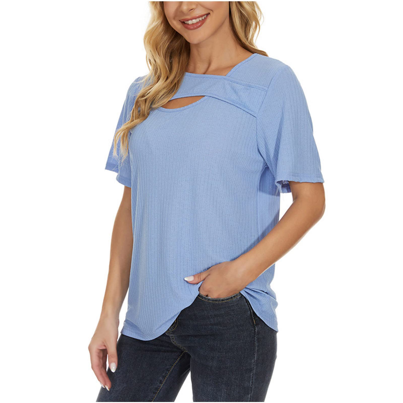 Women's Casual Short Sleeve T-Shirt - Solid Color V-Neck Summer Top with Unique Collar Design for Vacation & Everyday Wear | Perfect for Beach, Travel, and Office Outfits