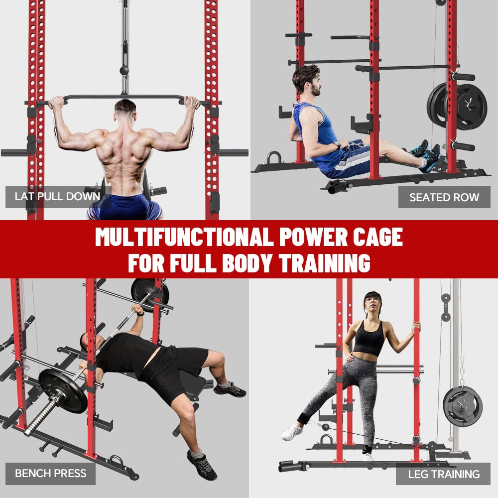Heavy Duty Power Cage - Multi-Functional Power Rack with LAT Pulldown System & Cable Pulley for Full Body Workout | Squat Rack with Lever Arm, Belt Squat & Weight Plate Storage | Perfect for Home Gym Strength Training & CrossFit Workouts