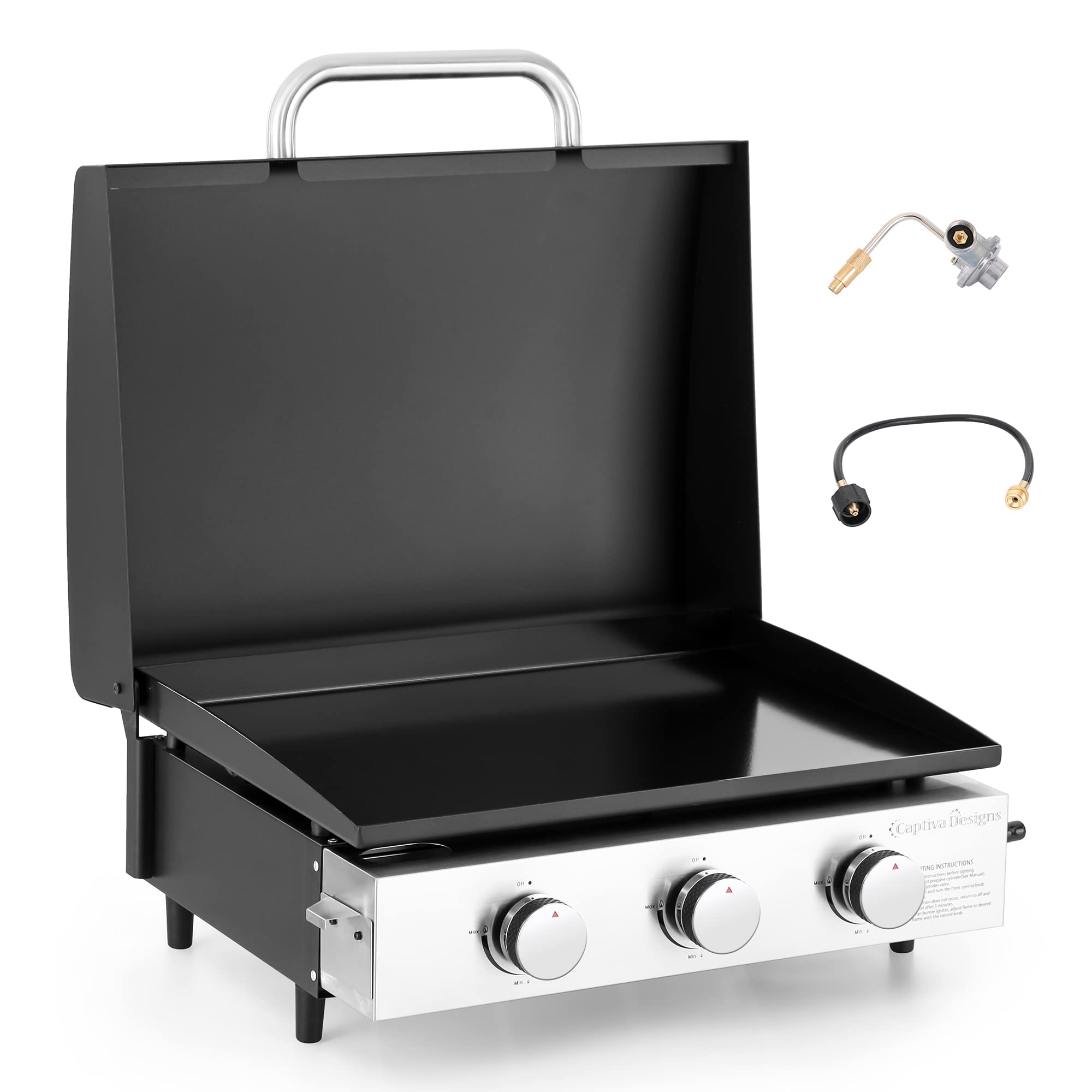 Captiva Designs 22 Inch Flat Top Grill with Ceramic Coated Cast Iron Pan - Portable Tabletop Propane Gas Griddle for Camping, Tailgating, Backyard BBQ & Outdoor Cooking - 24,000 BTU 3-Burner Gas Grill for Patio, Picnics & RV Trips