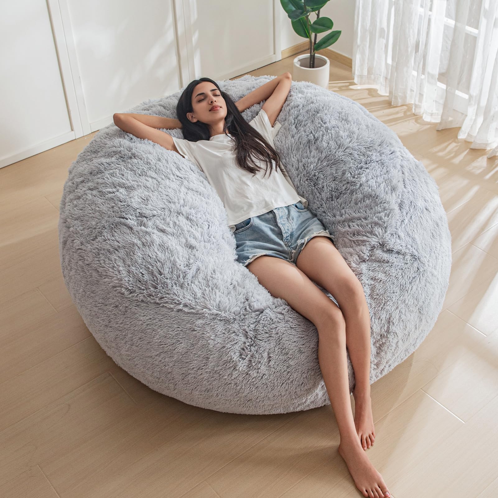 Premium Large Bean Bag Chair - Soft Faux Fur Lounger for Adults & Teens - Comfortable Lazy Sofa for Living Room, Bedroom, Dorm - Grey - Perfect for Relaxing, Gaming & Movie Nights