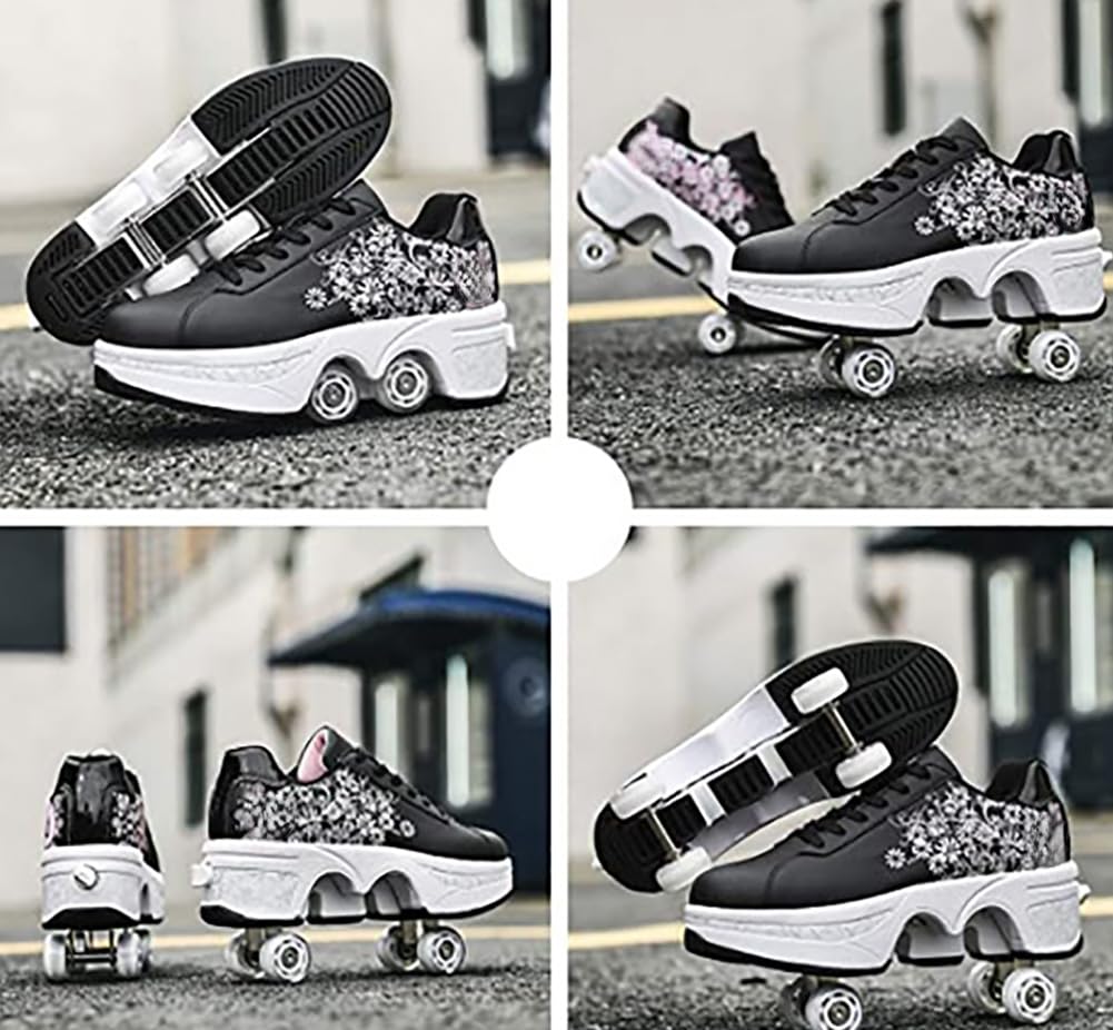 Women's Double-Row Quad Roller Skates - Detachable Wheel Skating Shoes for Girls & Boys | Unisex Roller Skate Shoes for Outdoor Fun, Fitness & Street Skating