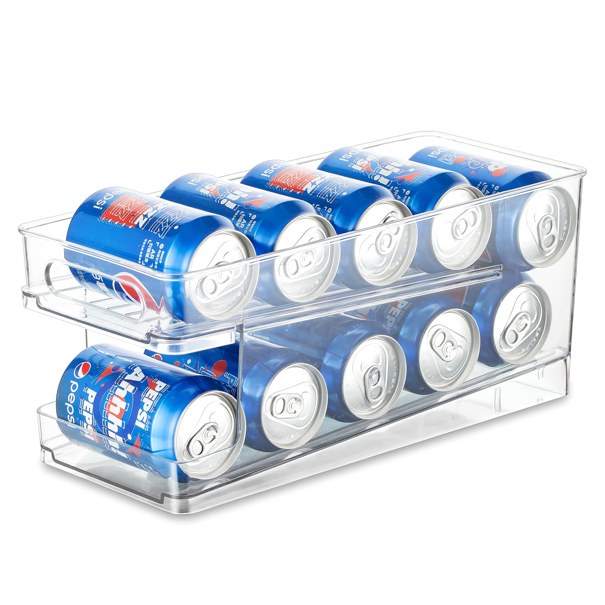 Hanobe 2-Tier Soda Can Organizer for Refrigerator - Auto Scrolling Water Bottle Storage Bin with Handle, Plastic Drink Organizer for Fridge, Kitchen, Pantry & Countertop - Perfect for Beverage Storage in Home, Office or Party Use