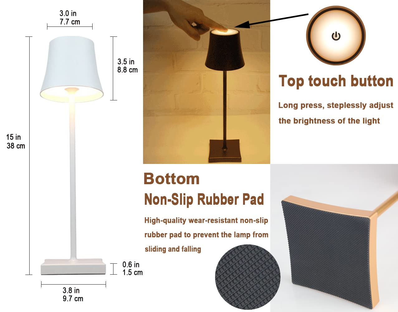 USB Rechargeable LED Desk Lamp - Cordless Touch Control 4W Retro Table Light for Bedroom, Office & Study | Portable Nightstand Lamp for Reading, Working, Home Decor, Bars & Restaurants | Dimmable White Light with Metal Base