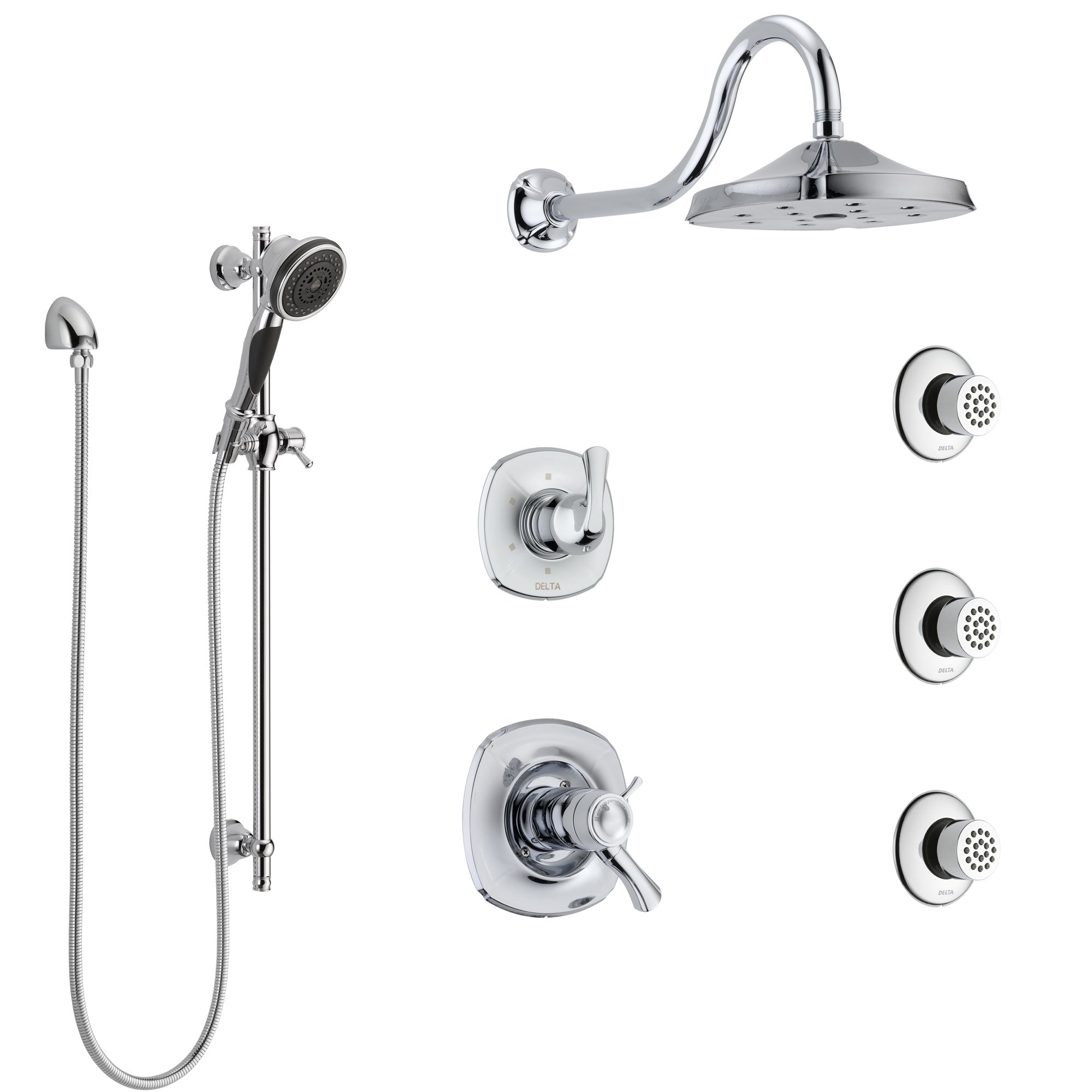 Delta Addison Chrome Shower System - Dual Thermostatic Control Handle, 6-Setting Diverter, Showerhead, 3 Body Sprays & Hand Shower SS17T29225 | Luxury Bathroom Upgrade for Spa-Like Experience
