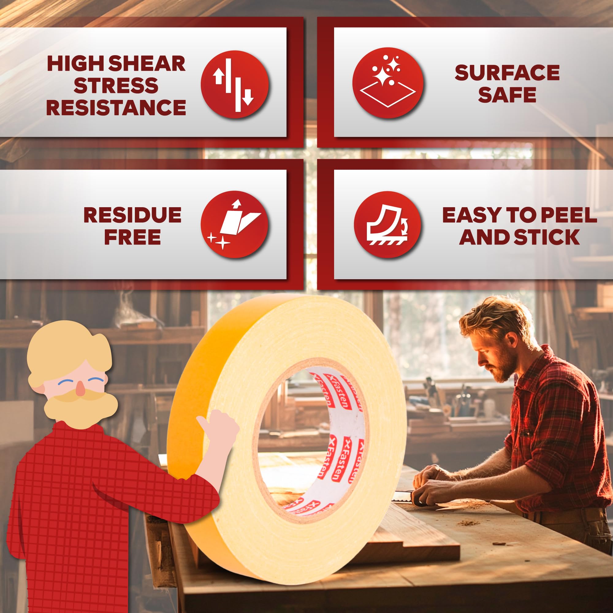 XFasten Double Sided Woodworking Tape 1/2 Inch x 36 Yards (4-Pack) - Strong Adhesive Wood Turner's Tape for Woodworking, Template Making, Edge Banding, Routing and Anchoring | Removable & Residue Free | Perfect for DIY Projects, Furniture Making and Crafting