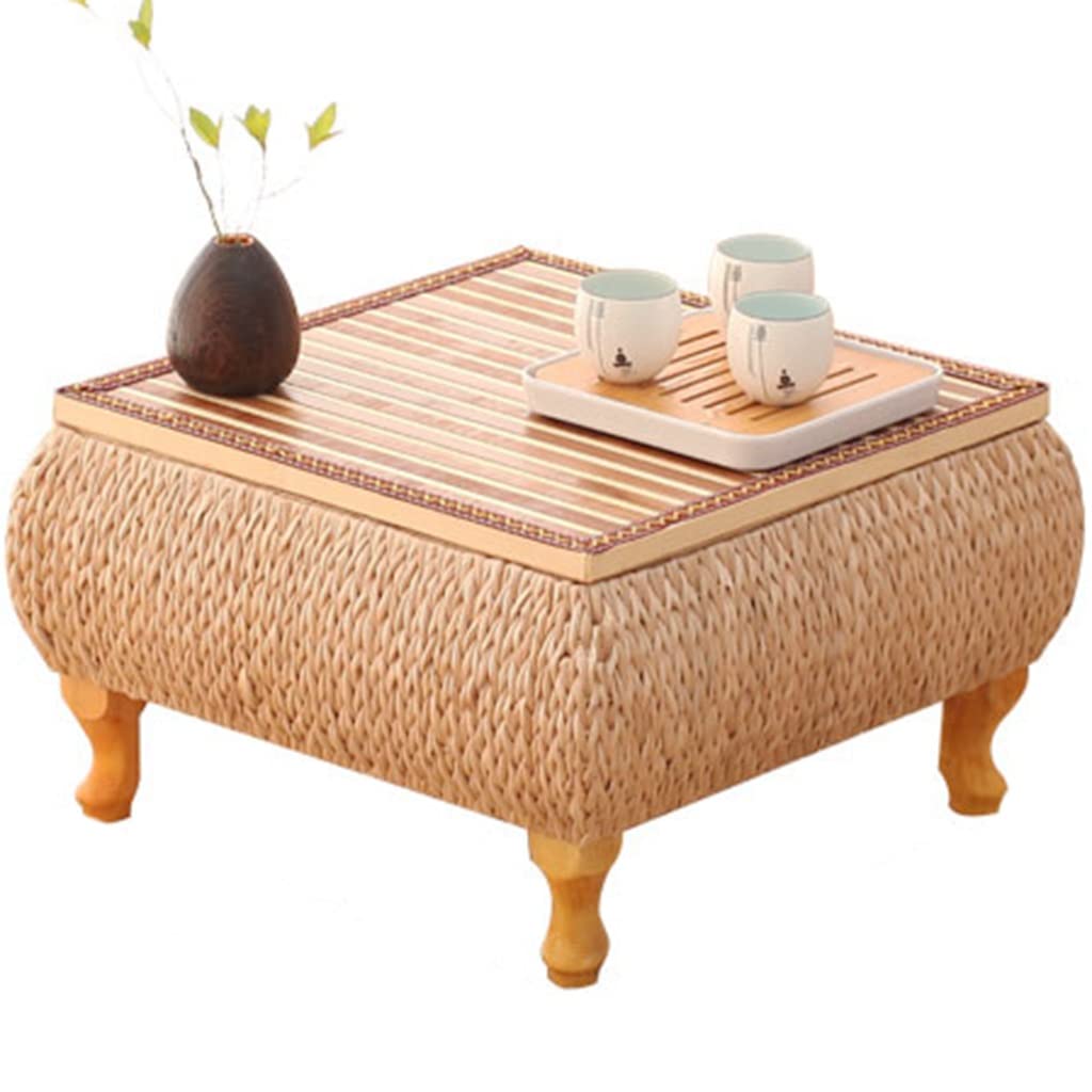 Rattan Storage Coffee Table - 43x43x30cm Square Side Table with Internal Storage | Yellow Woven Tea Table for Bedroom, Balcony & Living Room | Boho Home Decor & Tea Art Accent Piece
