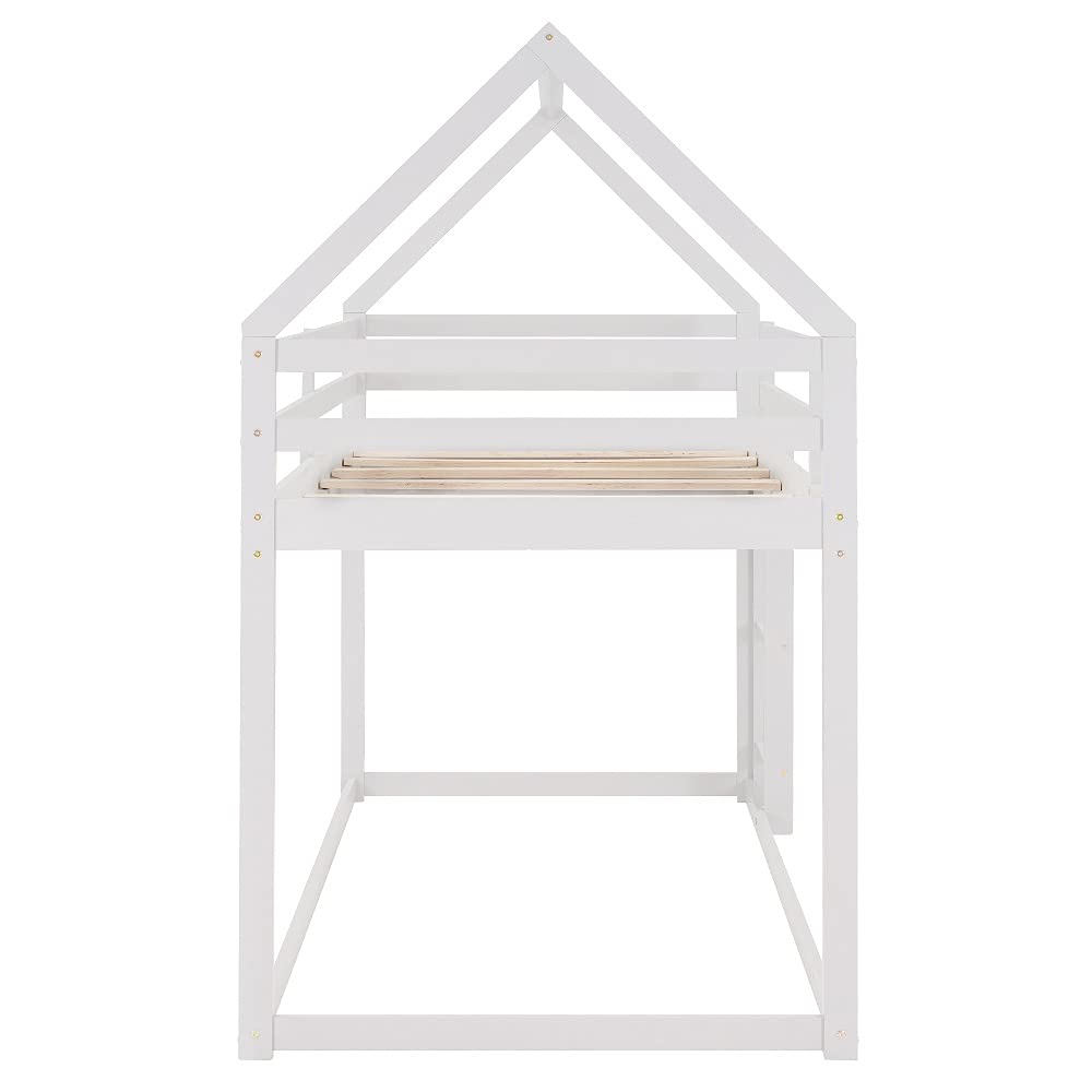Twin Over Twin Low Bunk Bed Frame for Kids - Sturdy Wooden House Bed with Ladder, Safety Guardrail & Roof Design - Space-Saving Sleep Solution for Siblings or Sleepovers - Perfect for Kids' Bedrooms, Guest Rooms or Vacation Homes (White)