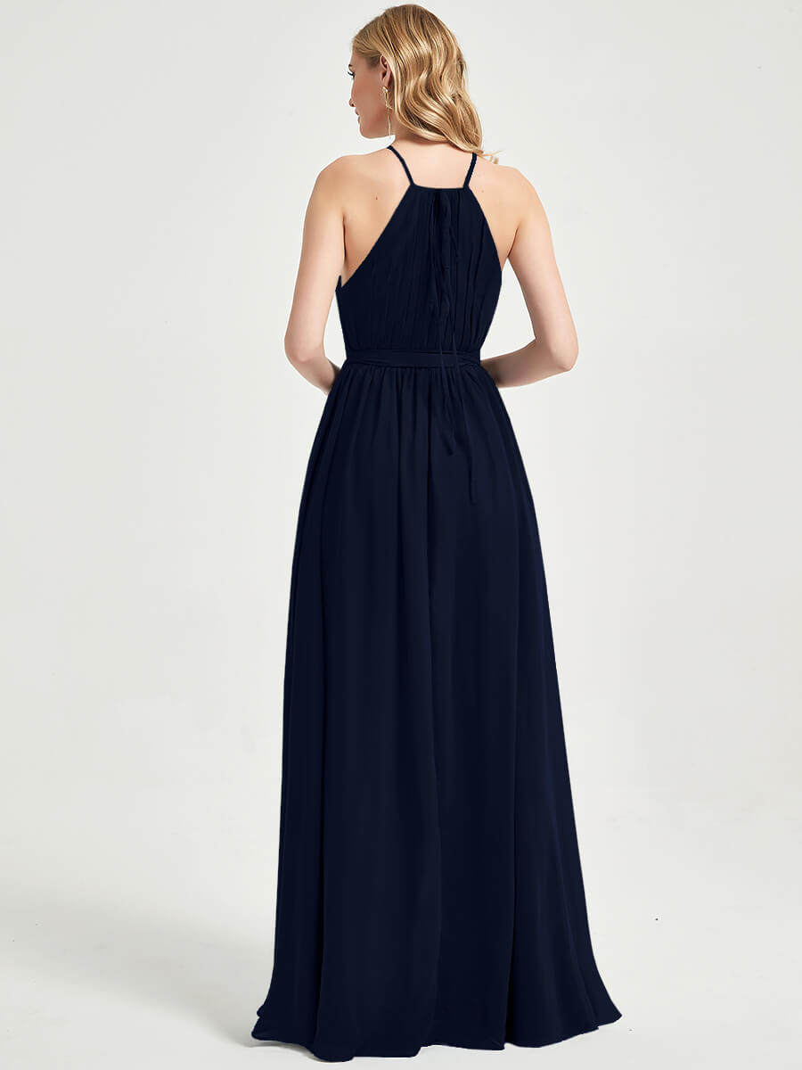 Elegant Dark Navy Halter Neck Slit Wrap Chiffon Bridesmaid Dress - Floor Length Formal Gown for Weddings, Parties & Special Occasions