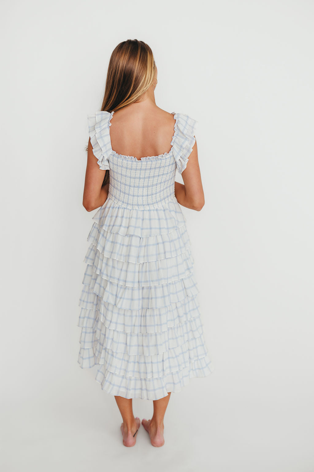 Adelynn Women's Floral Ruffle Midi Dress - White & Blue Flowy Summer Dress for Beach, Wedding & Date Night