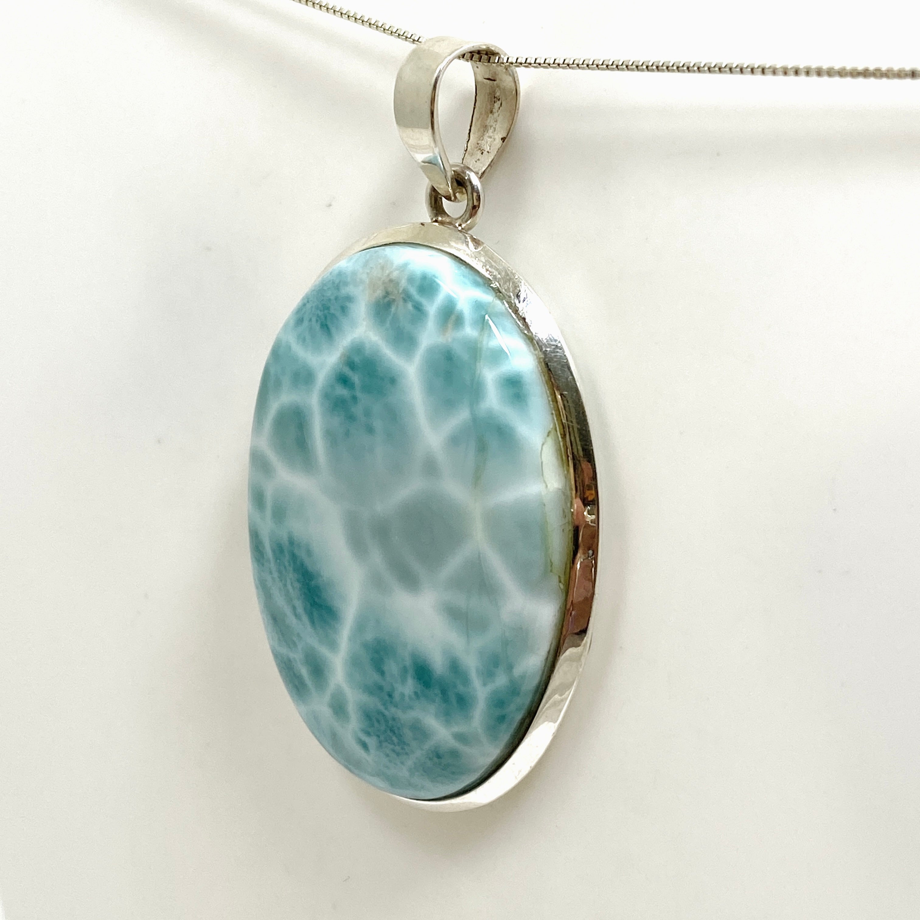 Natural Larimar Oval Cabochon Pendant - 925 Sterling Silver Jewelry for Women - Perfect for Beach Vacations & Boho Fashion