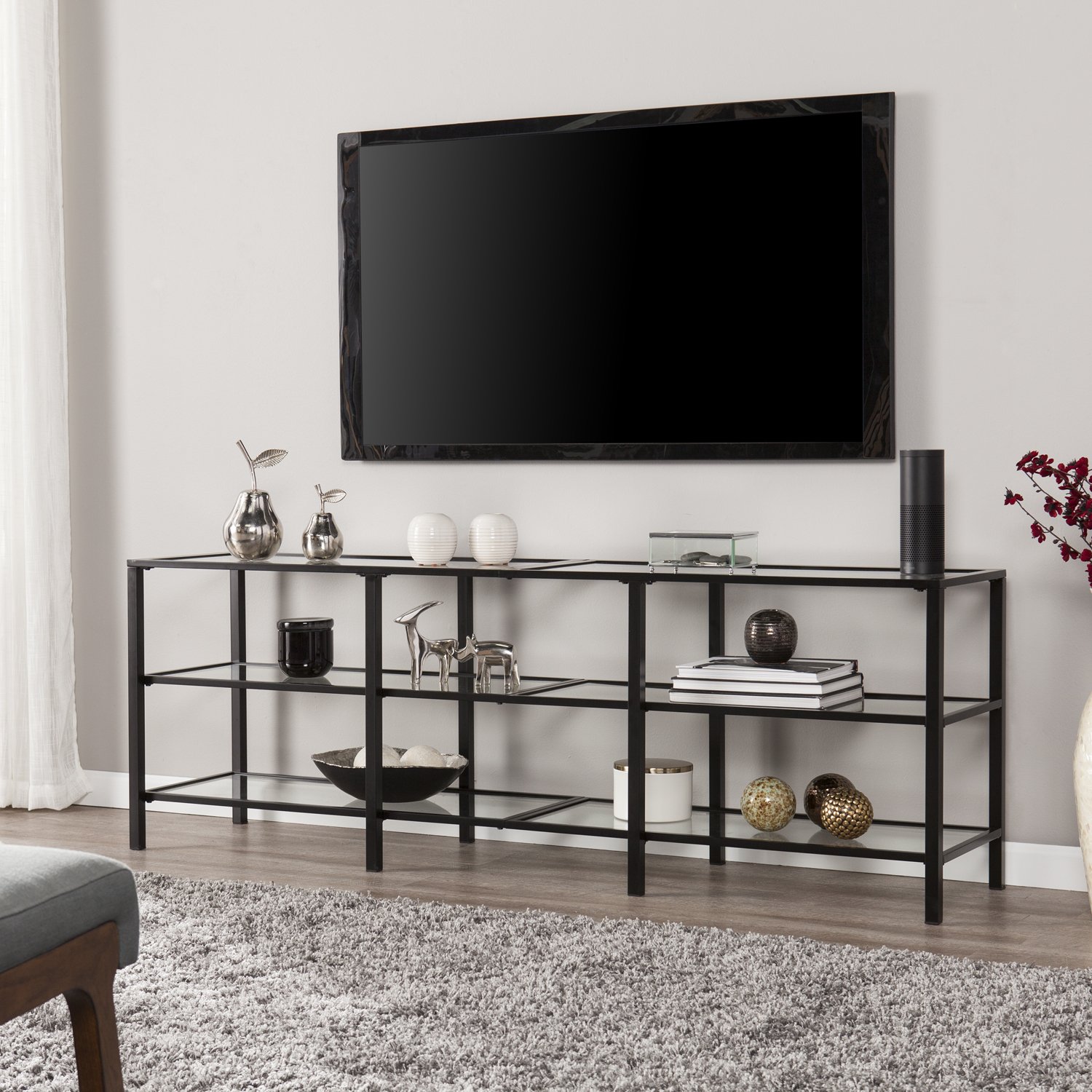 SEI Furniture Tyler Metal and Glass TV Stand - Transitional Style TV Console - Black Finish for Living Room, Bedroom, or Home Theater Setup