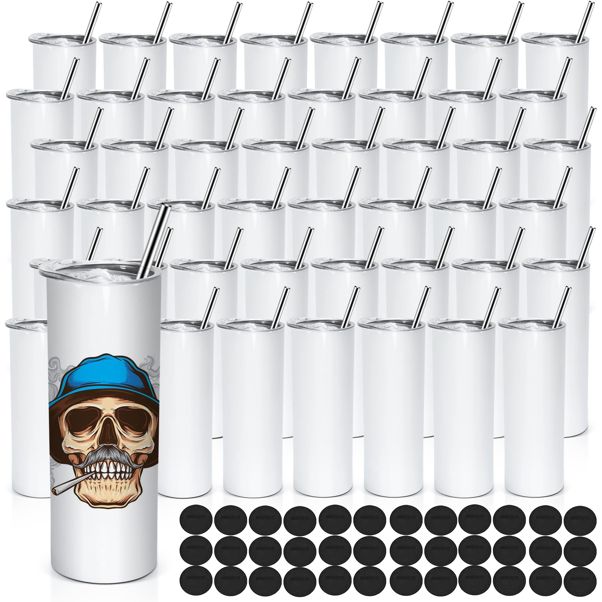 50 Pack 20oz Sublimation Tumblers - Skinny Straight Stainless Steel Blanks with Splash-proof Lid, Straw & Coaster - Bulk Sublimation Blanks for Heat Press Machine - Perfect for DIY Crafts, Personalized Gifts & Promotional Items (Ships in US)