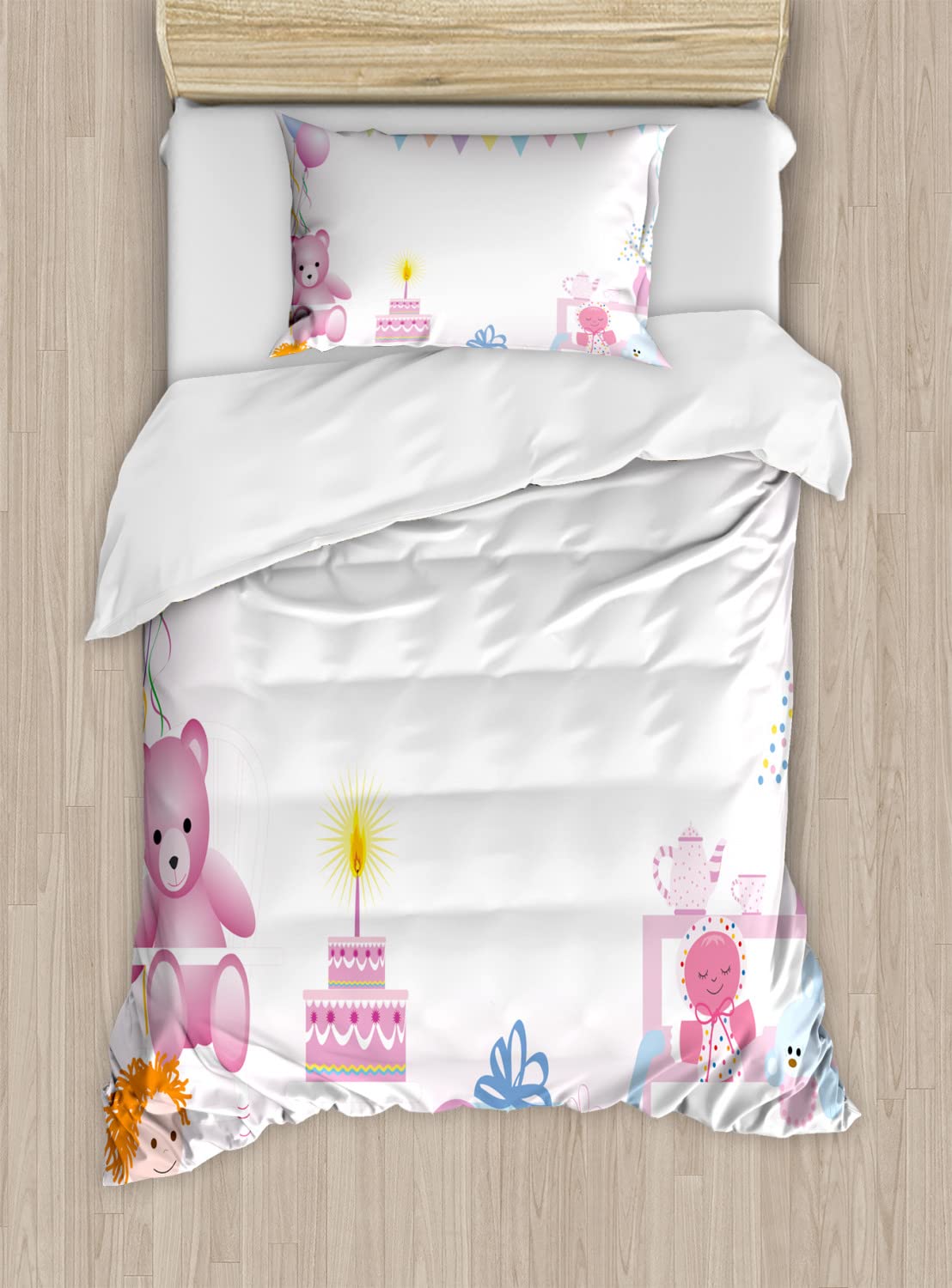 Ambesonne Girls Birthday Duvet Cover Set - 2 Pack California King Size Pale Pink Bedding with Flags & Bears Print, Includes 2 Duvet Covers & 4 Pillowcases - Perfect for Birthday Party Decorations, Sleepovers & Kids Room Decor