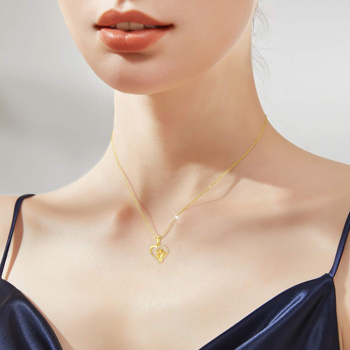 14K Solid Gold Love Heart Pendant Necklace for Women - Mother Daughter Matching Jewelry - 18