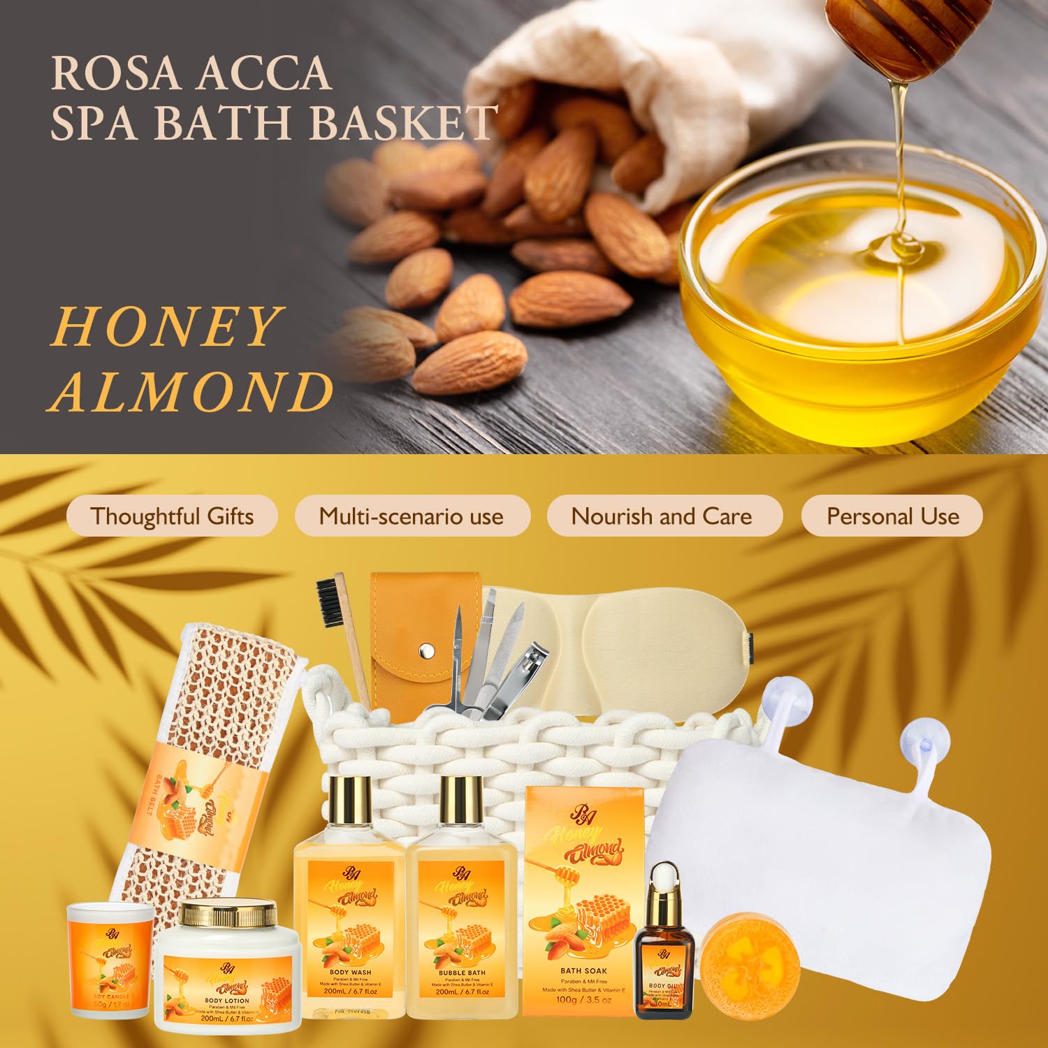 Luxury 13-Piece Spa Gift Set for Women - Honey Almond Scented Bath & Body Care Kit with Body Wash, Bubble Bath, Bath Soak & Manicure Set | Perfect Birthday Gift for Mom, Wife, Her | Relaxing Home Spa Experience & Self-Care Retreat