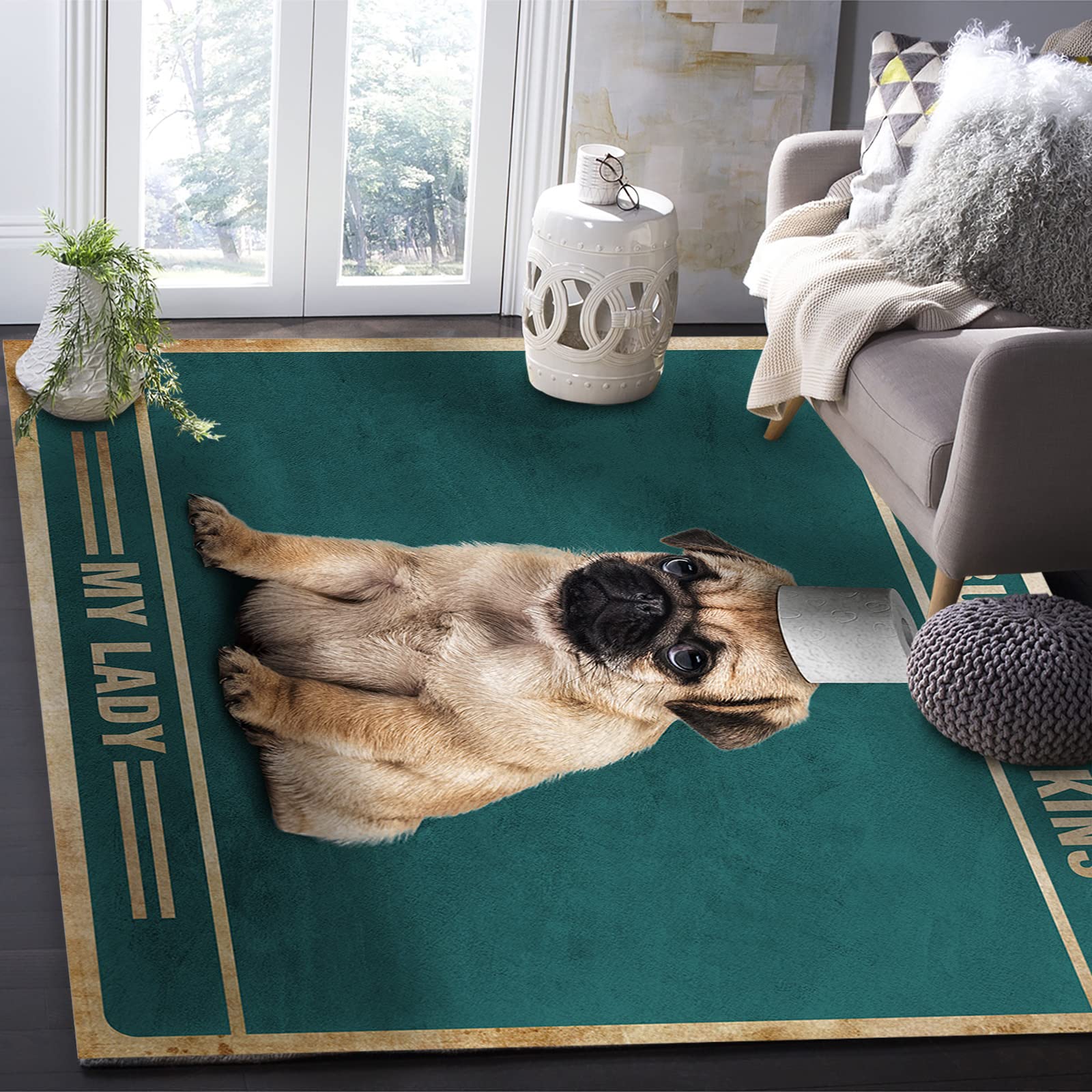 4'x6' Non-Shedding Boho Area Rug - Vintage Green Outdoor Rug for Bedroom, Living Room, Entryway, Kitchen & Bathroom Decor | Soft Floor Mat with Funny Dog Design | Perfect for Home Decor, Pet-Friendly Spaces & High-Traffic Areas